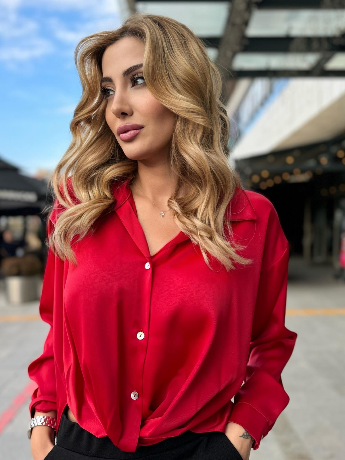 Z1467 Önden Bağlamalı Gömlek - Kırmızı