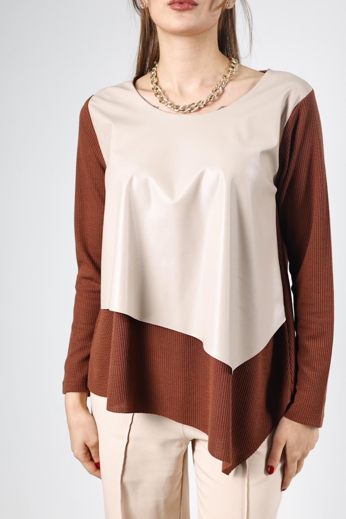 Z1478 Asimetrik Deri Bluz - Kahve