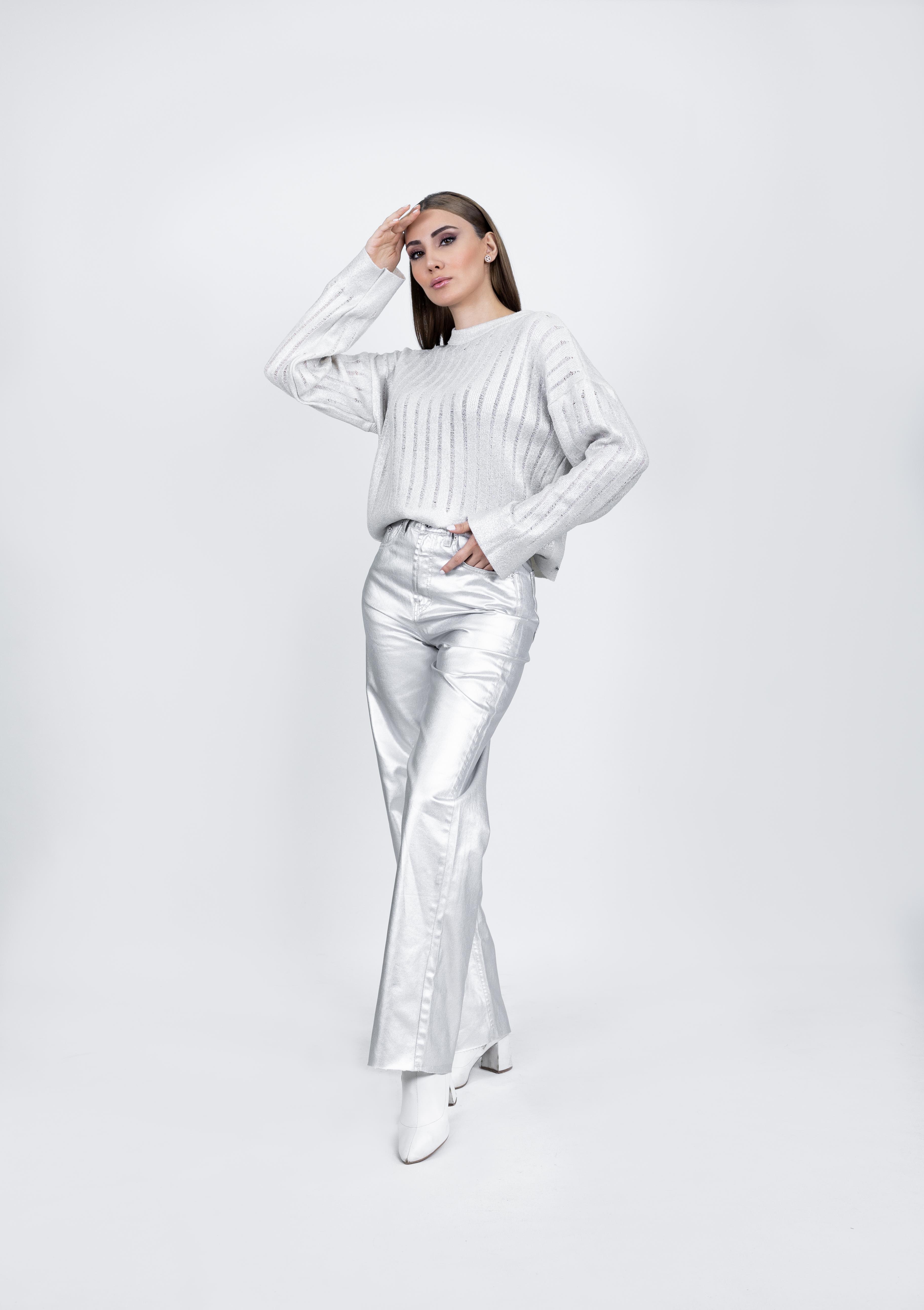 Z1523 Yüksek Bel Metalik Pantolon - Gümüş