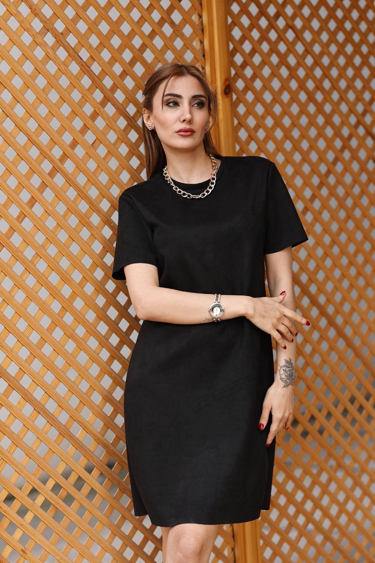 Z1610Y Bisiklet Yaka Basic Elbise - Siyah