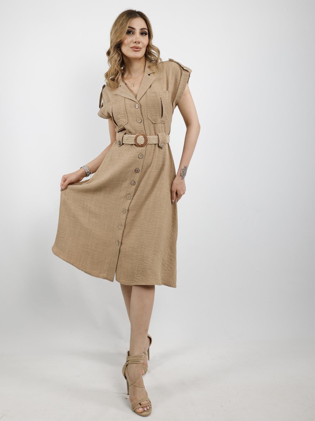 Z1718 Yakalı Düşük Omuz Elbise - Taş