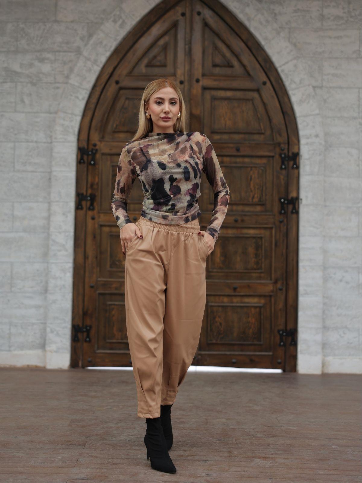 Z1943 Paça Pilili Deri Pantolon - Vizon