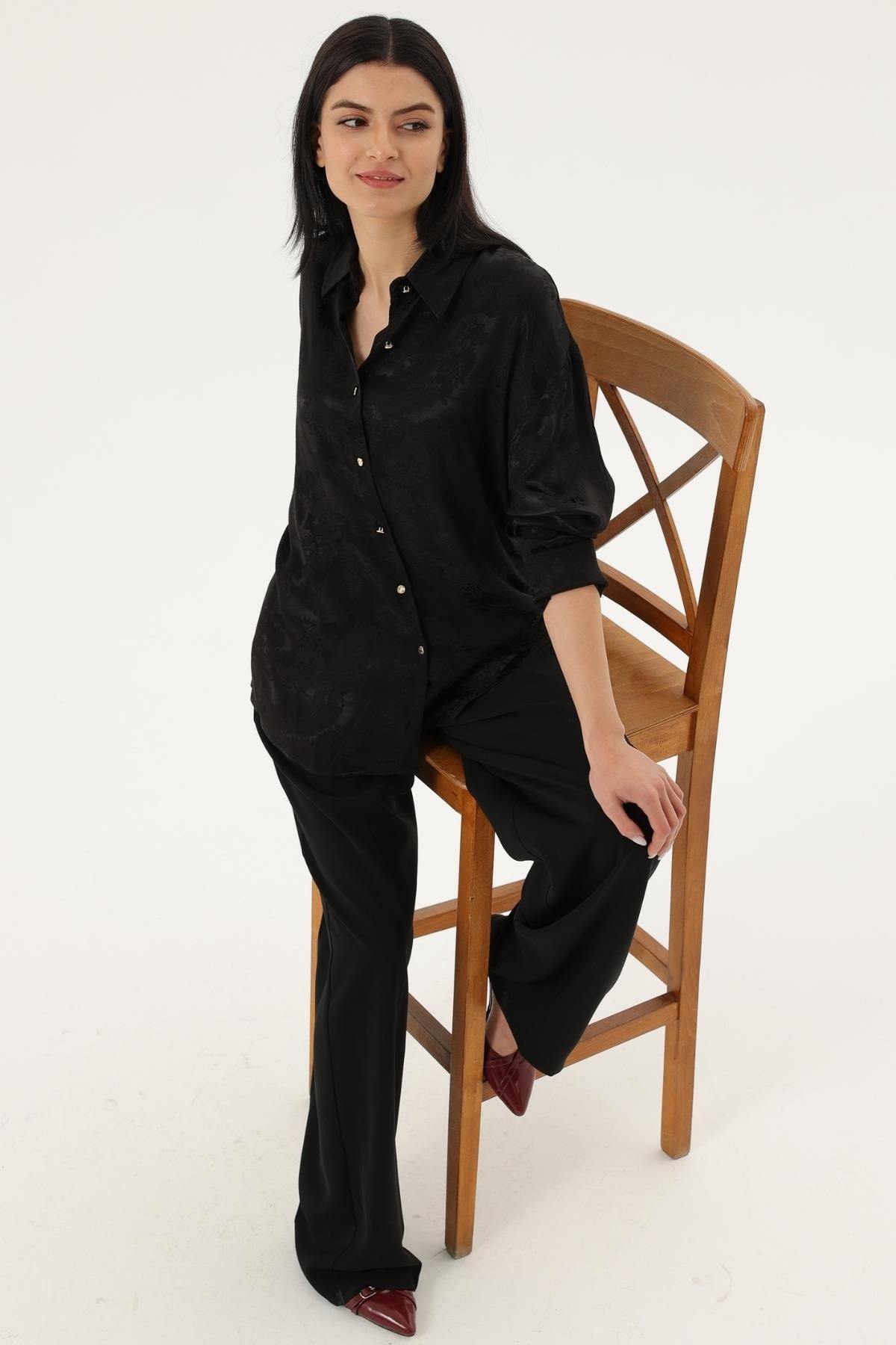 Z1995 3982 Jakarlı Saten Gömlek - Siyah