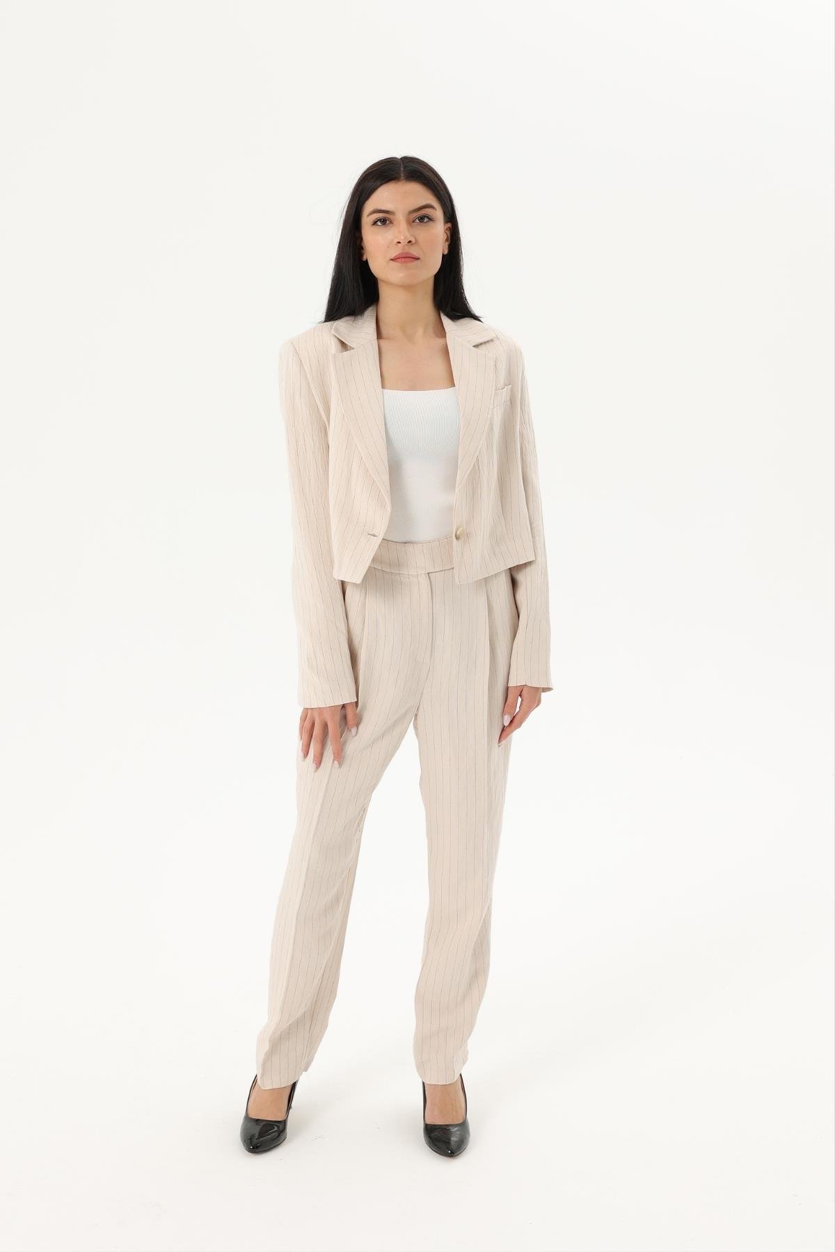 Z2027U Çizgili Ceket - Taş