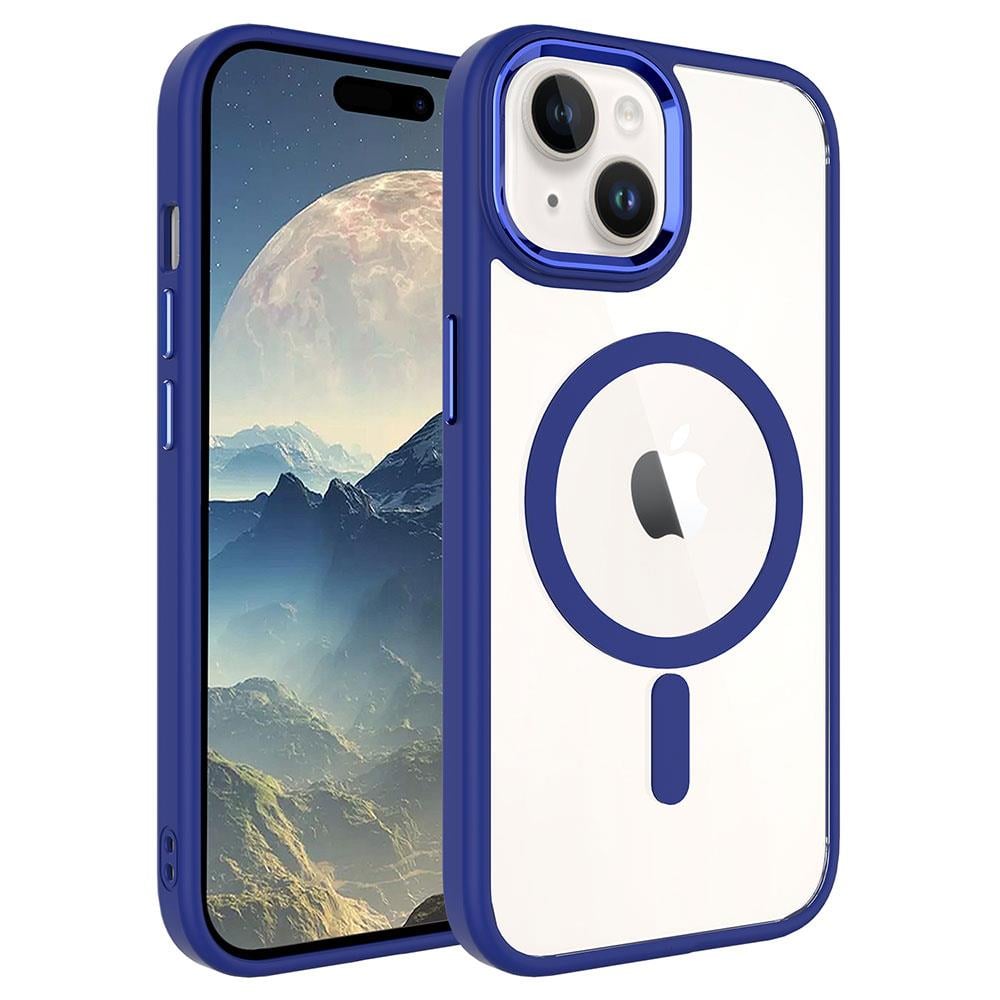 Hibrit Serisi Koyu Mavi iPhone 15 Plus MagSafe Şeffaf Kılıf
