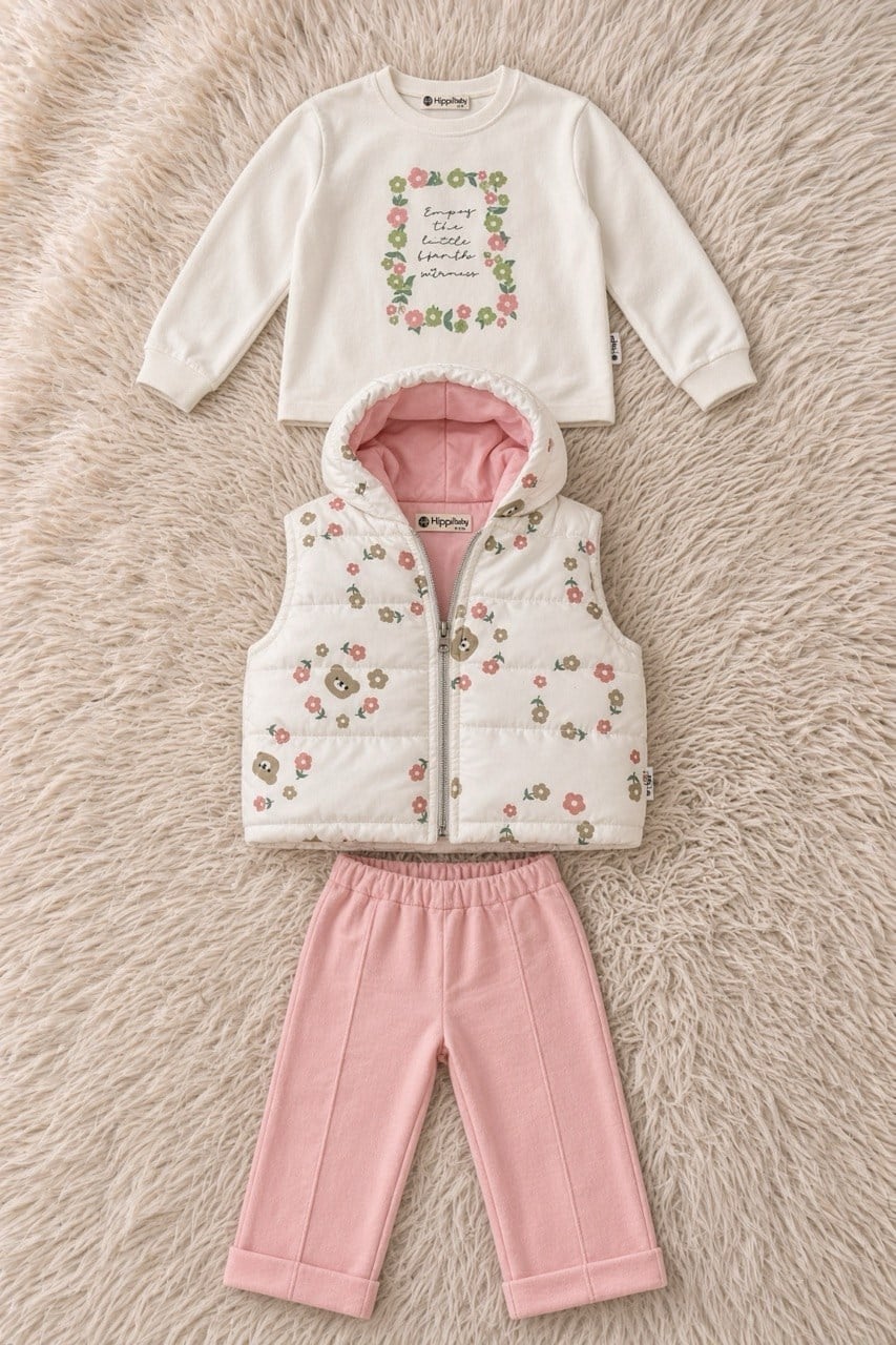  Hippil Baby Kız Bebek Çiçekli Şişme Yelekli 3'lü Alt Üst Takım