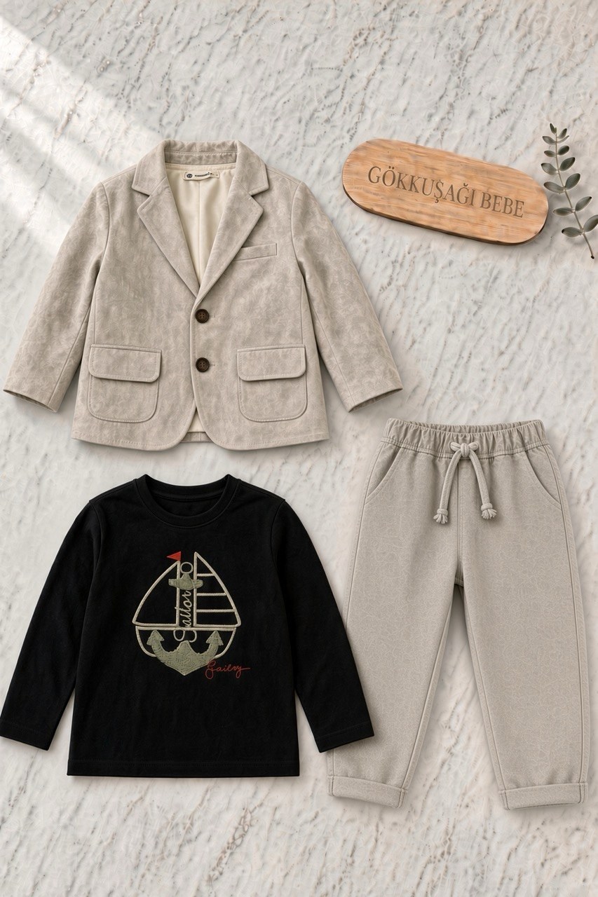 Erkek Bebek Blazer Ceketli Uc lu Takim Hippil Baby Gri