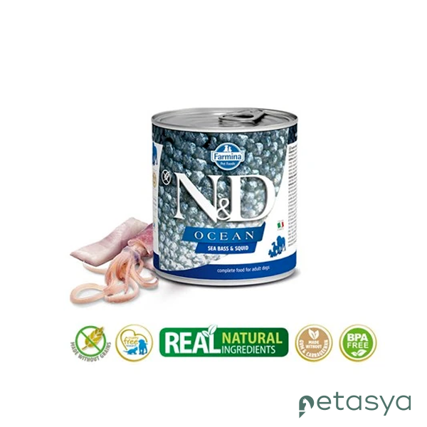 N&D Ocean Levrek ve Mürekkep Balıklı  Tahılsız Yetişkin Köpek Konservesi 285 Gr