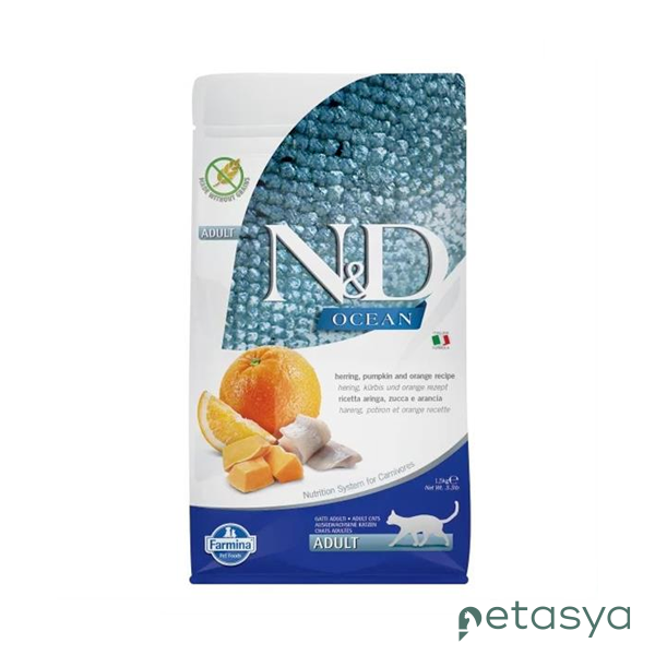 N&D Ocean Ringa Balıklı Bal Kabaklı ve Portakallı   Tahılsız Yetişkin Kedi Maması 1,5 Kg