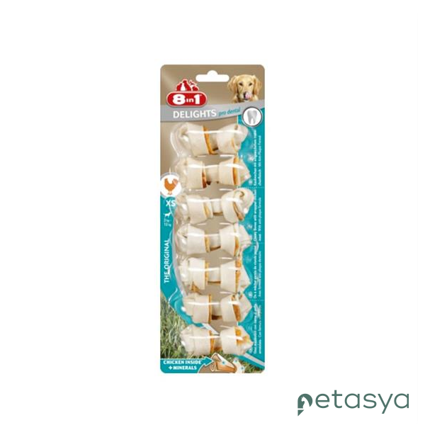 8in1 Delights Pro Dental Diş Sağlığı için  Tavuk Etli Düğümlü Köpek Kemiği (7li) 84 gr [XS]