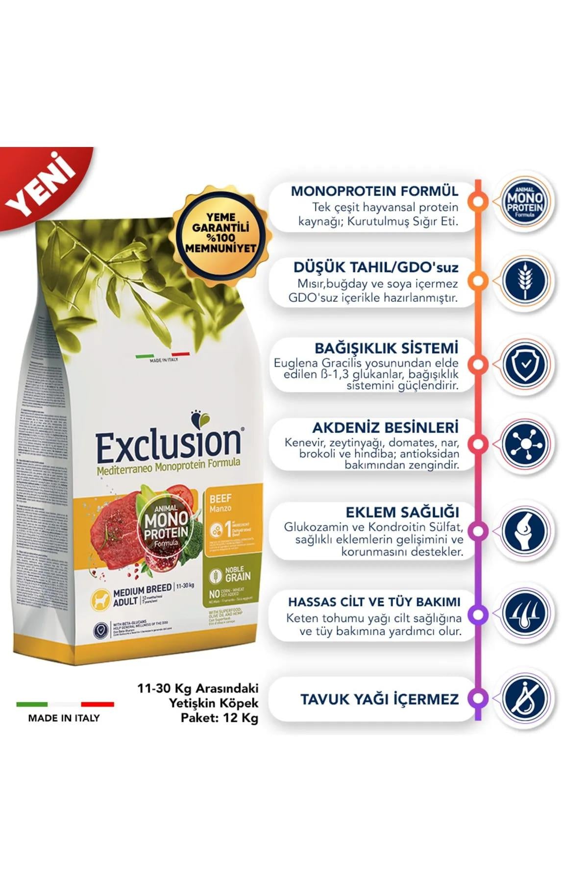 Exclusion Monoprotein Sığır Etli ve Narlı  Düşük Tahıllı Orta Irk Yetişkin Köpek Maması 12kg