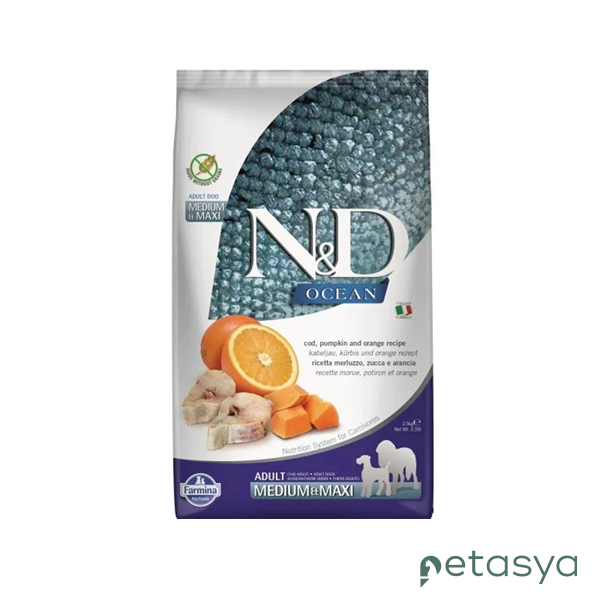 N&D Ocean Bal Kabaklı Balıklı ve Portakallı  Orta ve Büyük Irk Tahılsız Yetişkin Köpek Maması 2,5 Kg