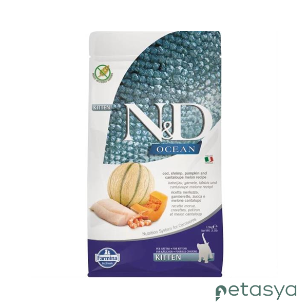 N&D Ocean Morina Balıklı  Bal Kabaklı Karidesli ve Kavunlu Tahılsız Yavru Kedi Maması 1,5 Kg