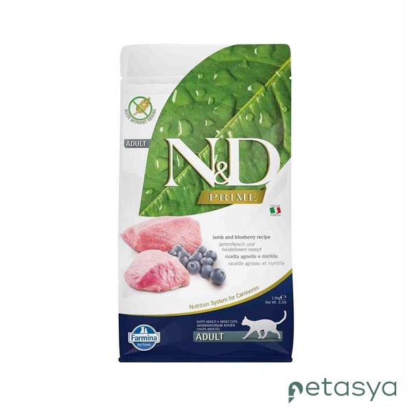 N&D Prime Kuzu Etli ve Yaban Mersinli   Tahılsız Yetişkin Kedi Maması 1,5 Kg