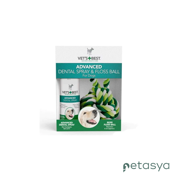 VETS BEST Köpek Ağız ve Diş Bakım Spreyi 120ml ve   Diş Temizleyici Halat Top 16cm (2li Set)