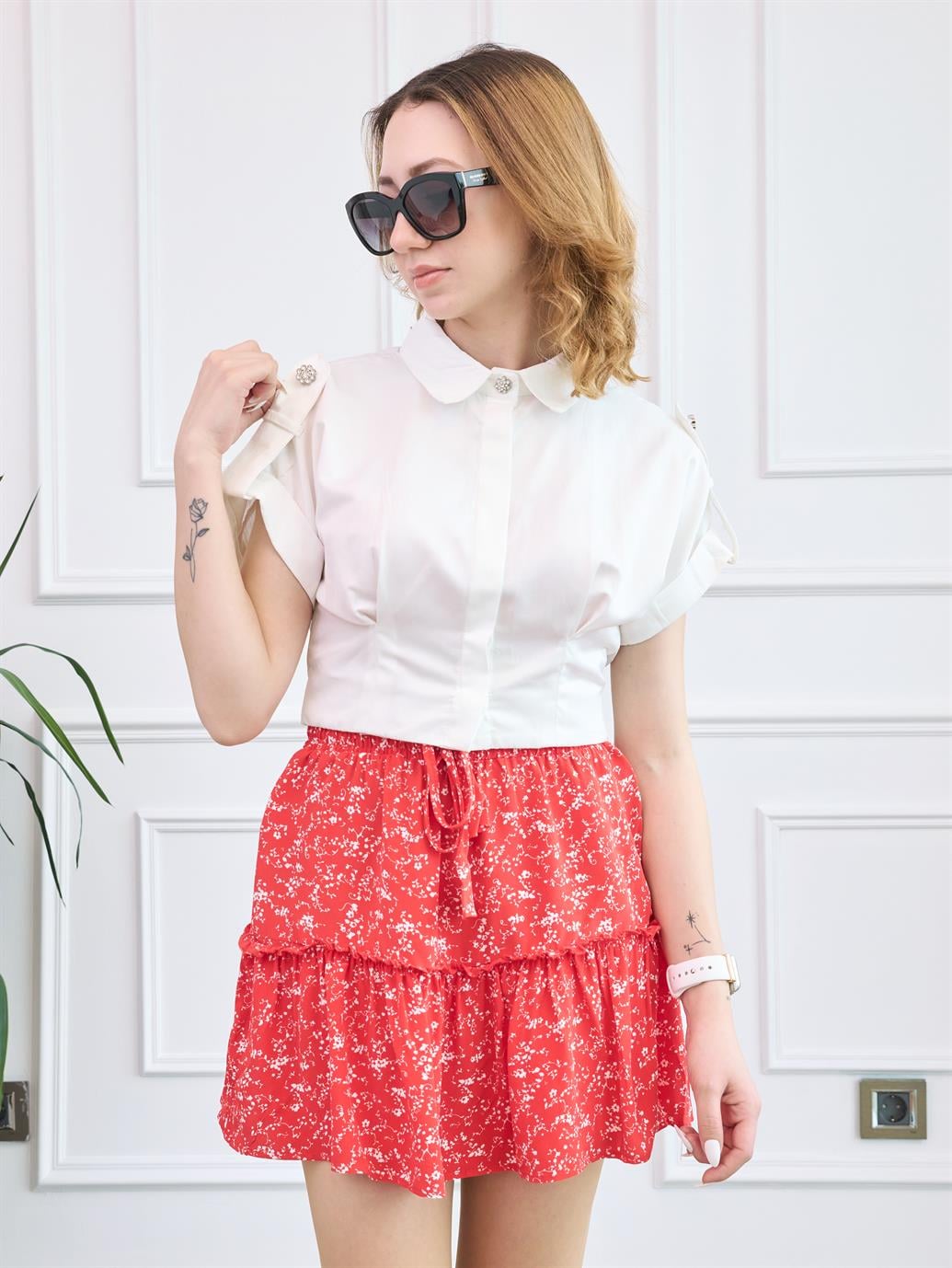 Beyaz Taş Detaylı Poplin Crop Gömlek