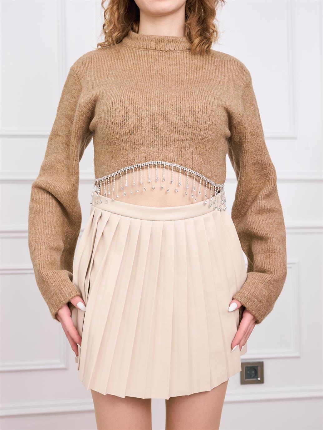 Camel Belde Taş Detaylı Crop Kazak