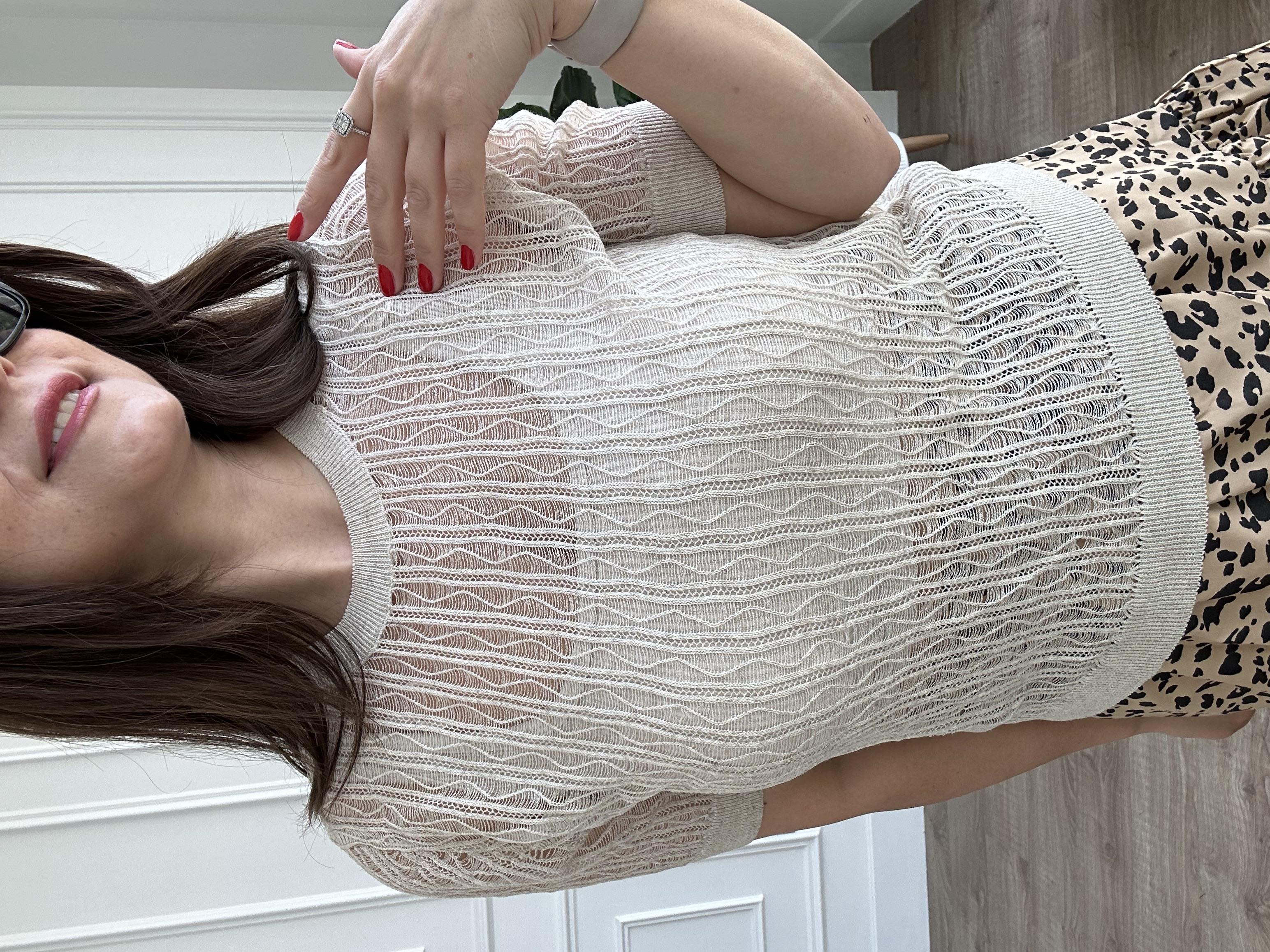 Ekru Bisiklet Yaka Ajurlu  Triko Bluz