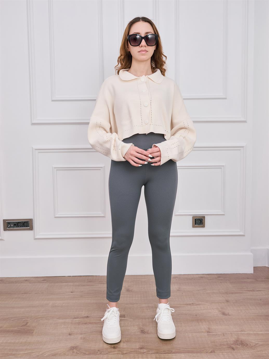 Ekru Crop Triko Hırka