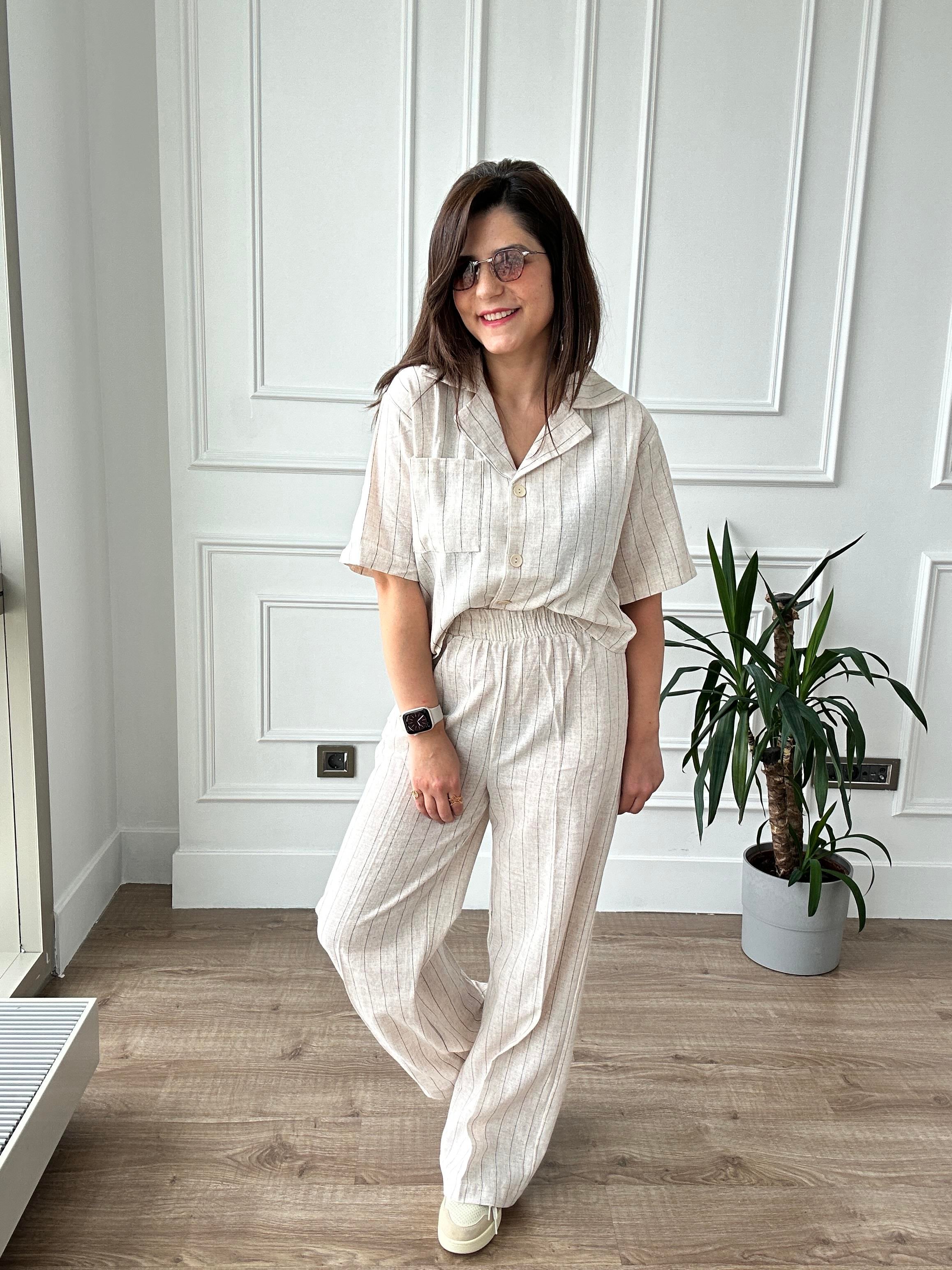 Ekru Siyah Çizgili Keten Kumaş Bluz Pantolon Takım
