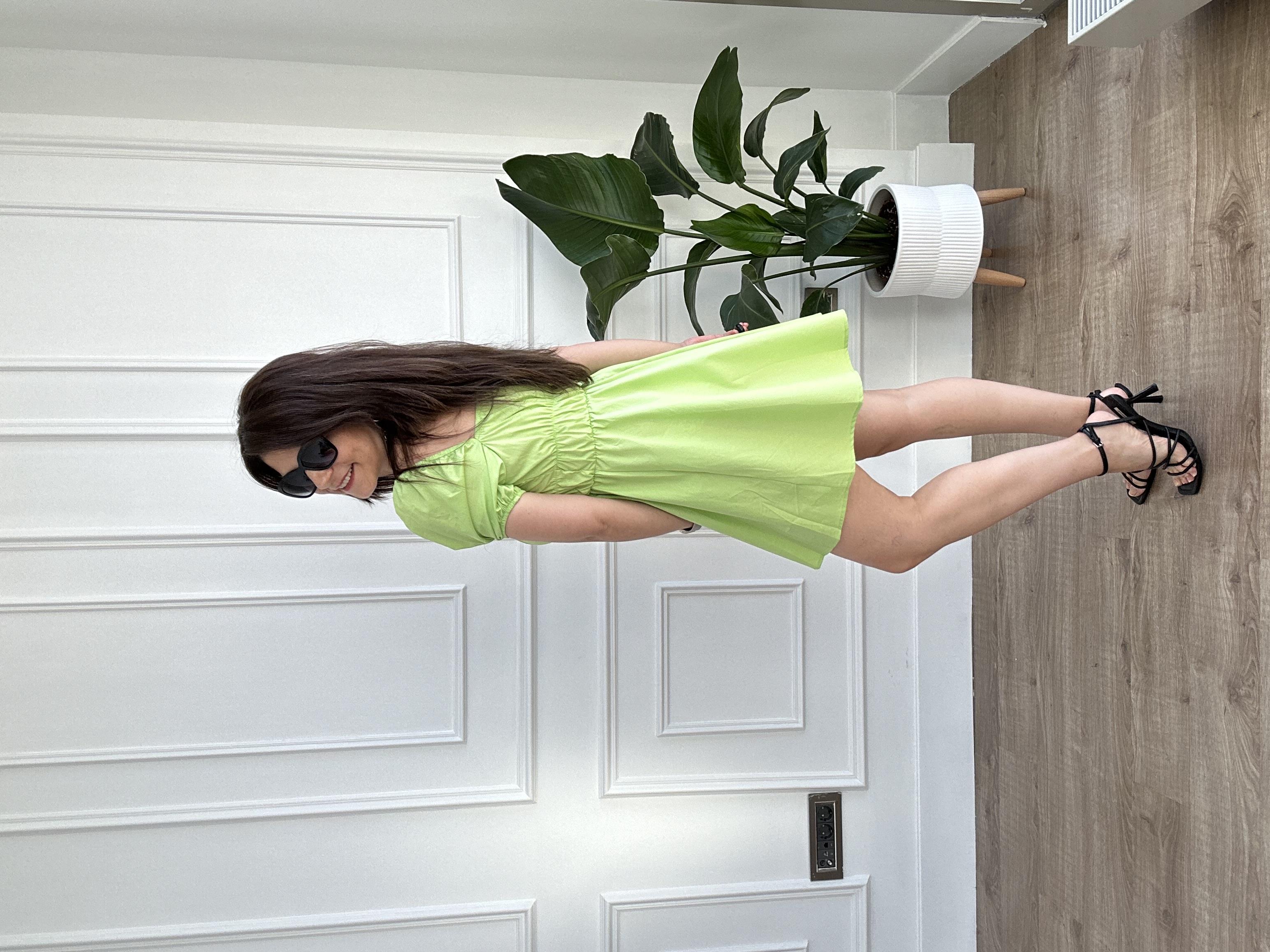 Fıstık Yeşili Balon Kol Gipeli Poplin Mini Elbise