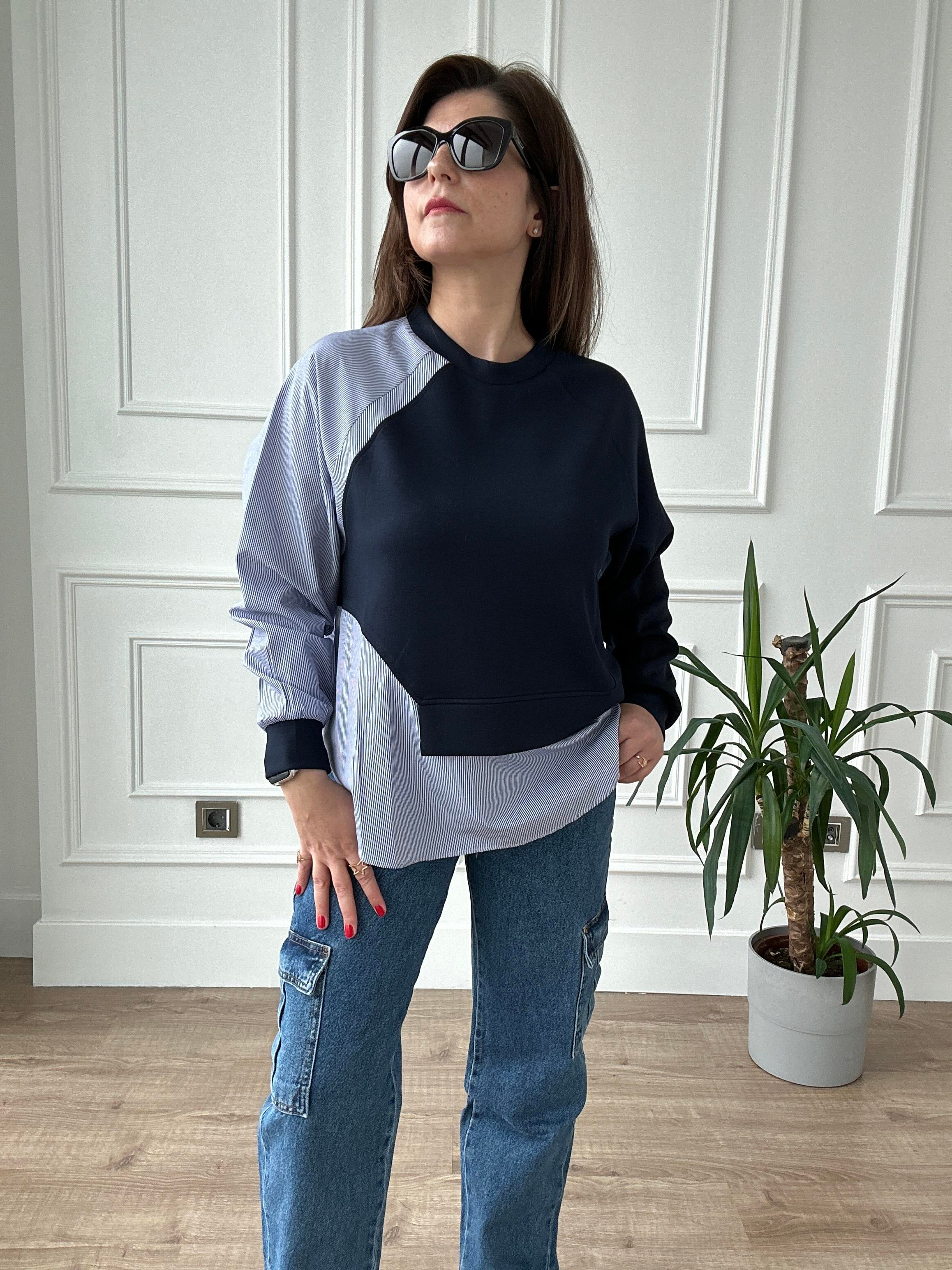 Gömlek Silüet Parçalı Lacivert Sweatshirt
