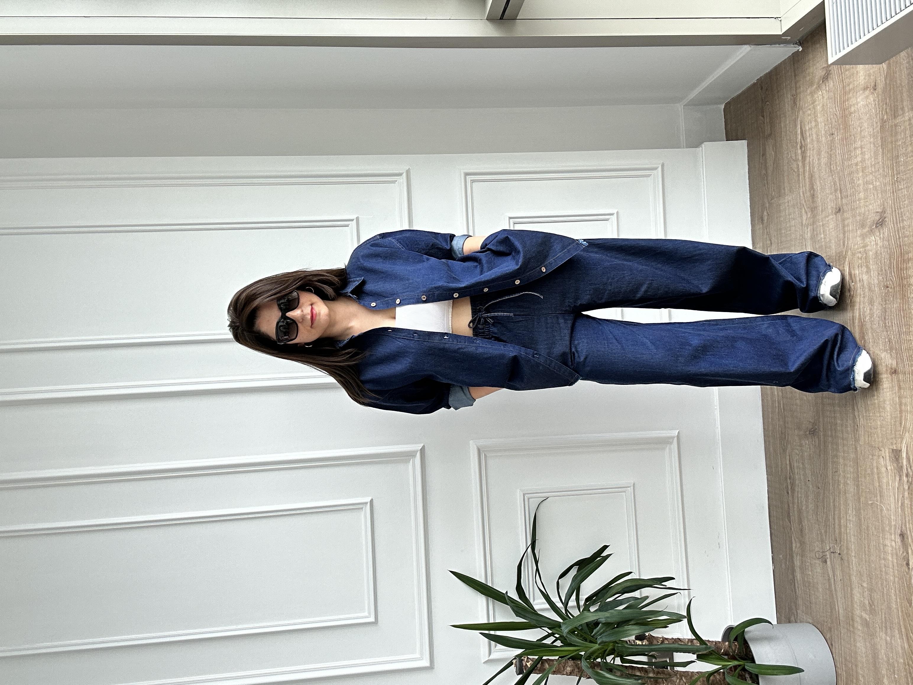 İnce Denim Kumaş Gömlek Pantolon Takım
