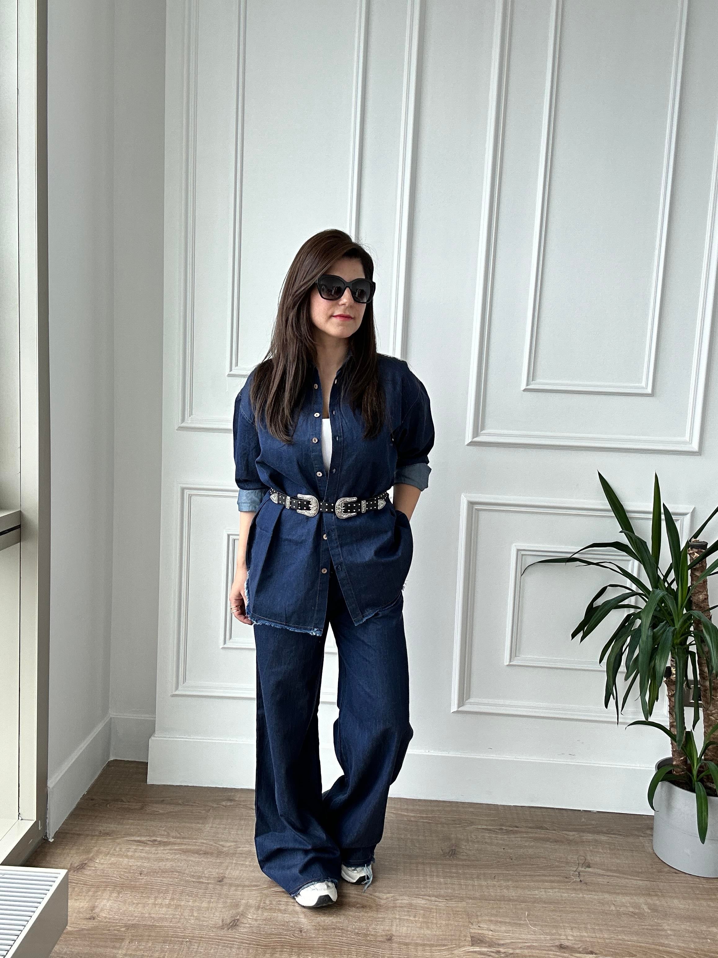 İnce Denim Kumaş Gömlek Pantolon Takım