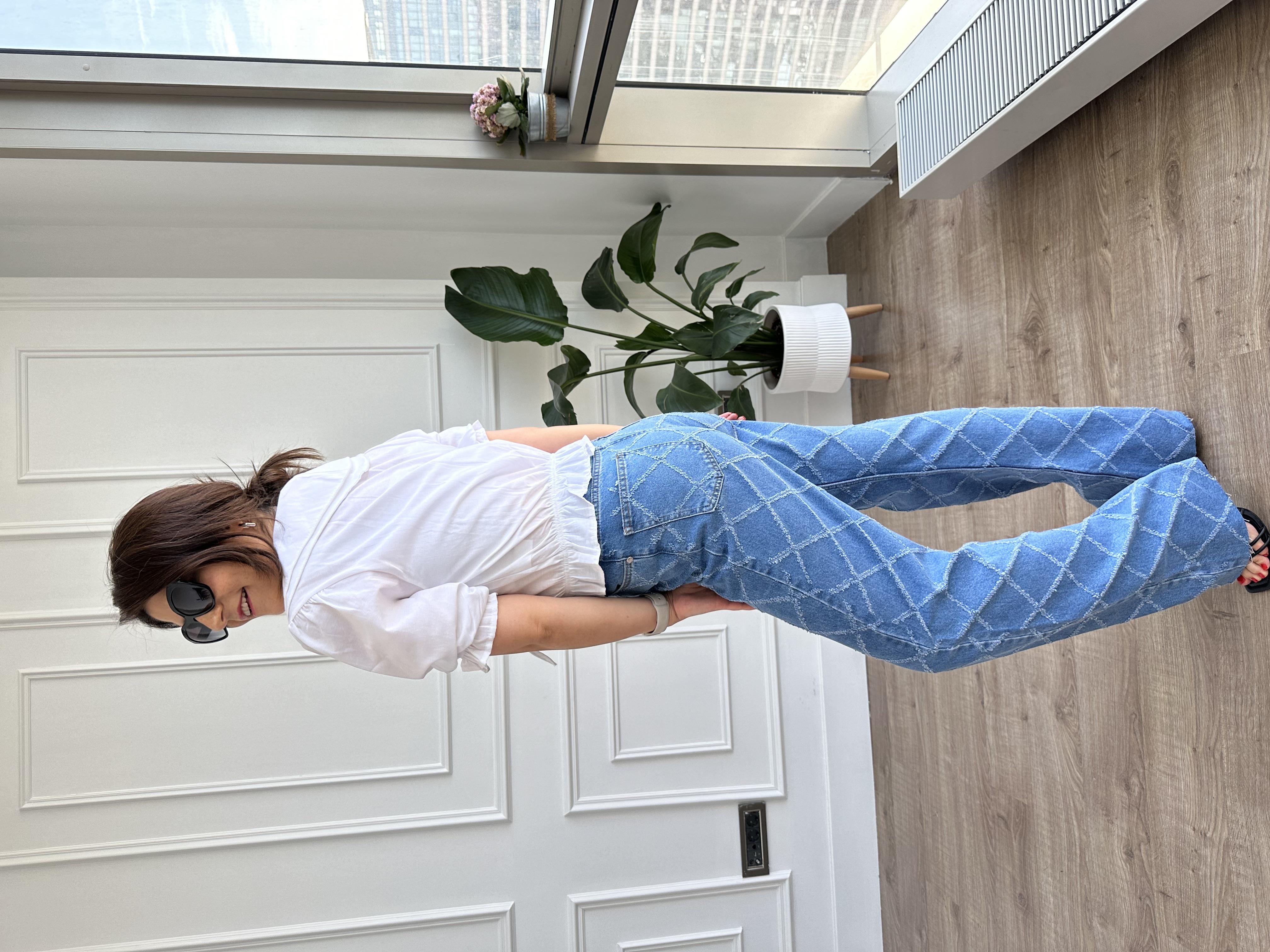 Kendinden Desenli Yüksek Bel Mavi Denim Pantolon
