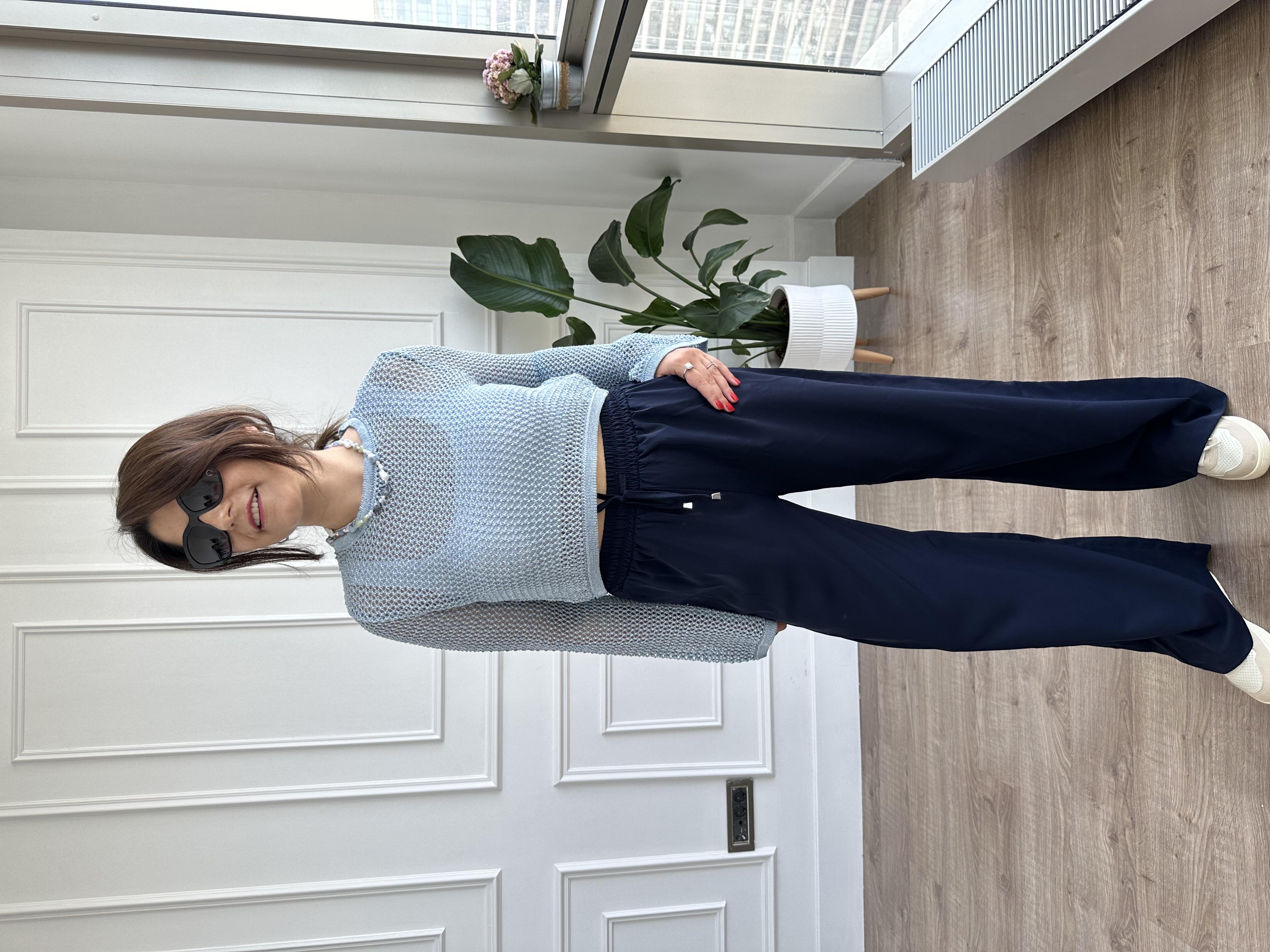 LAcivert Beli Lastikli Wide Leg Kumaş Pantolon
