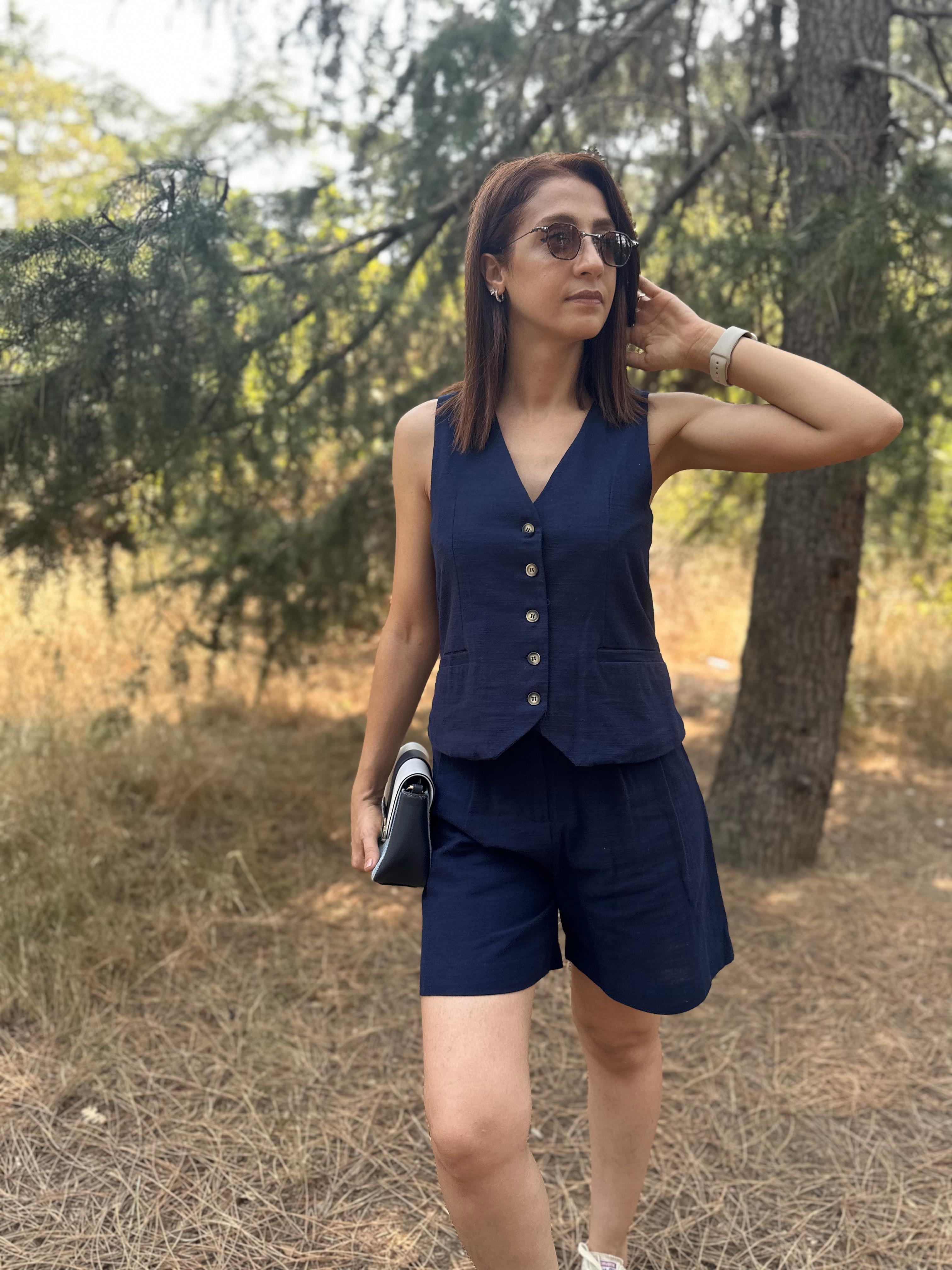 Lacivert Keten Yelek Şortlu Takım