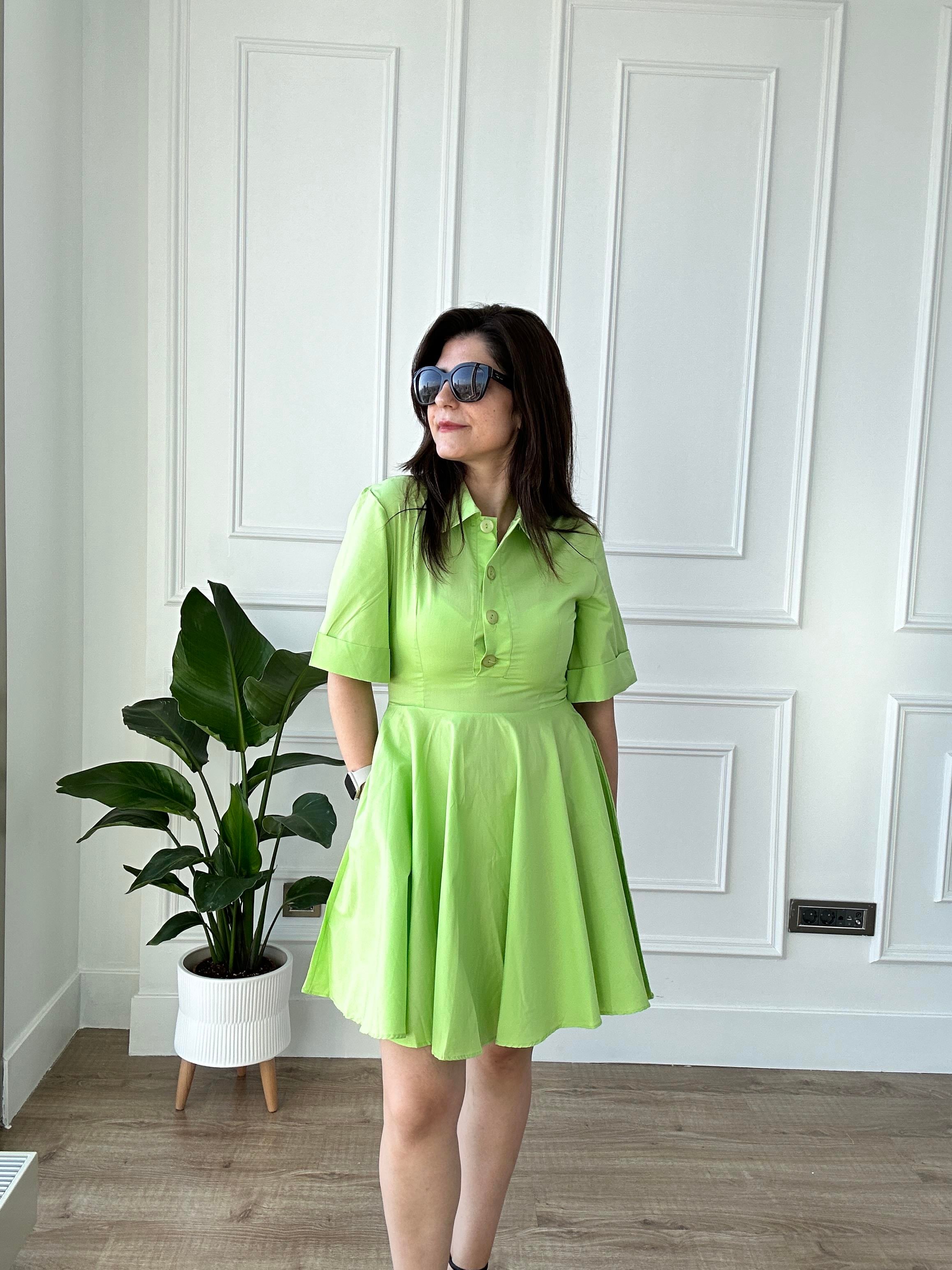 Lime Poplin Kumaş Kısa Kol Gömlek Elbise