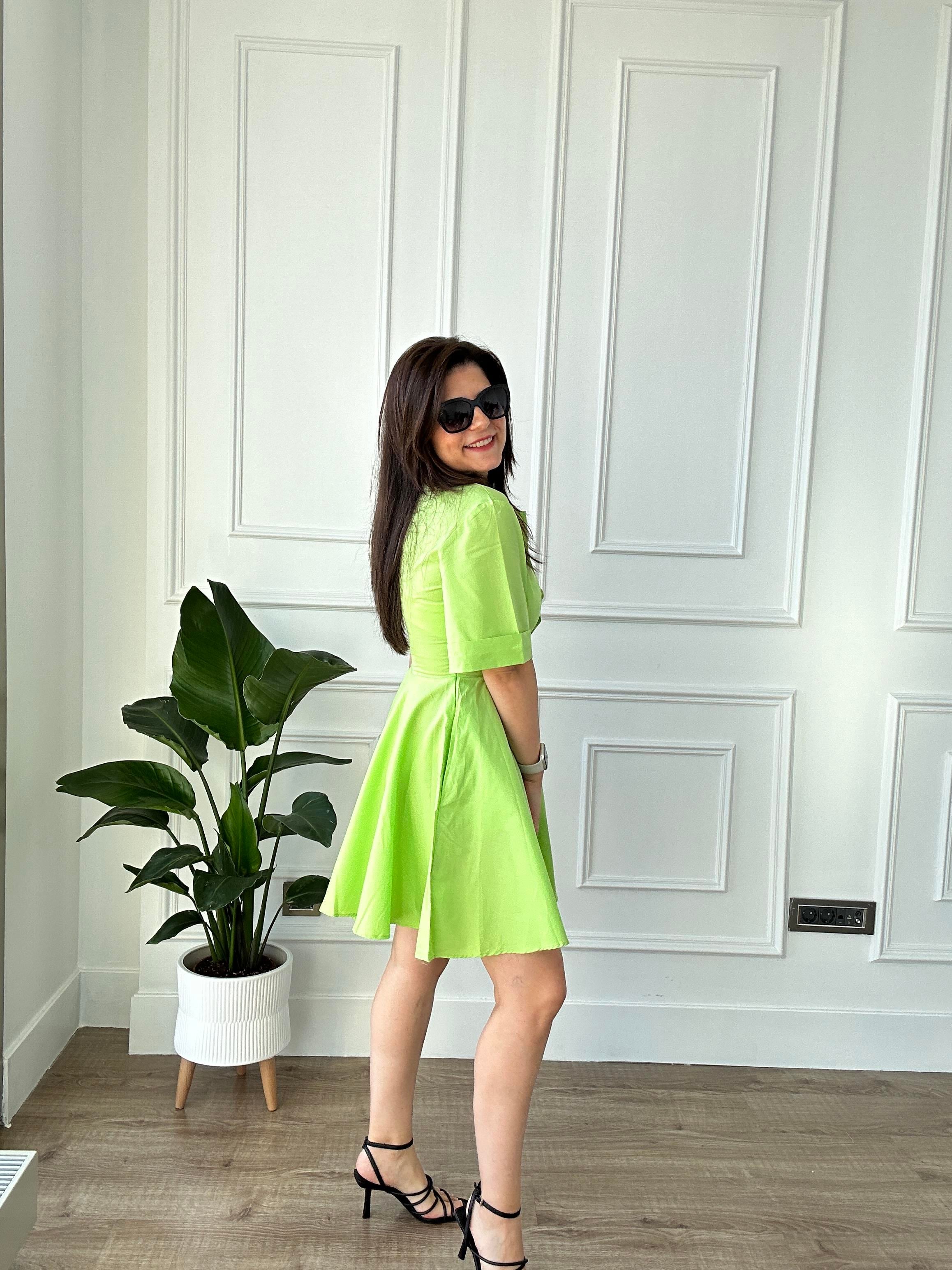 Lime Poplin Kumaş Kısa Kol Gömlek Elbise