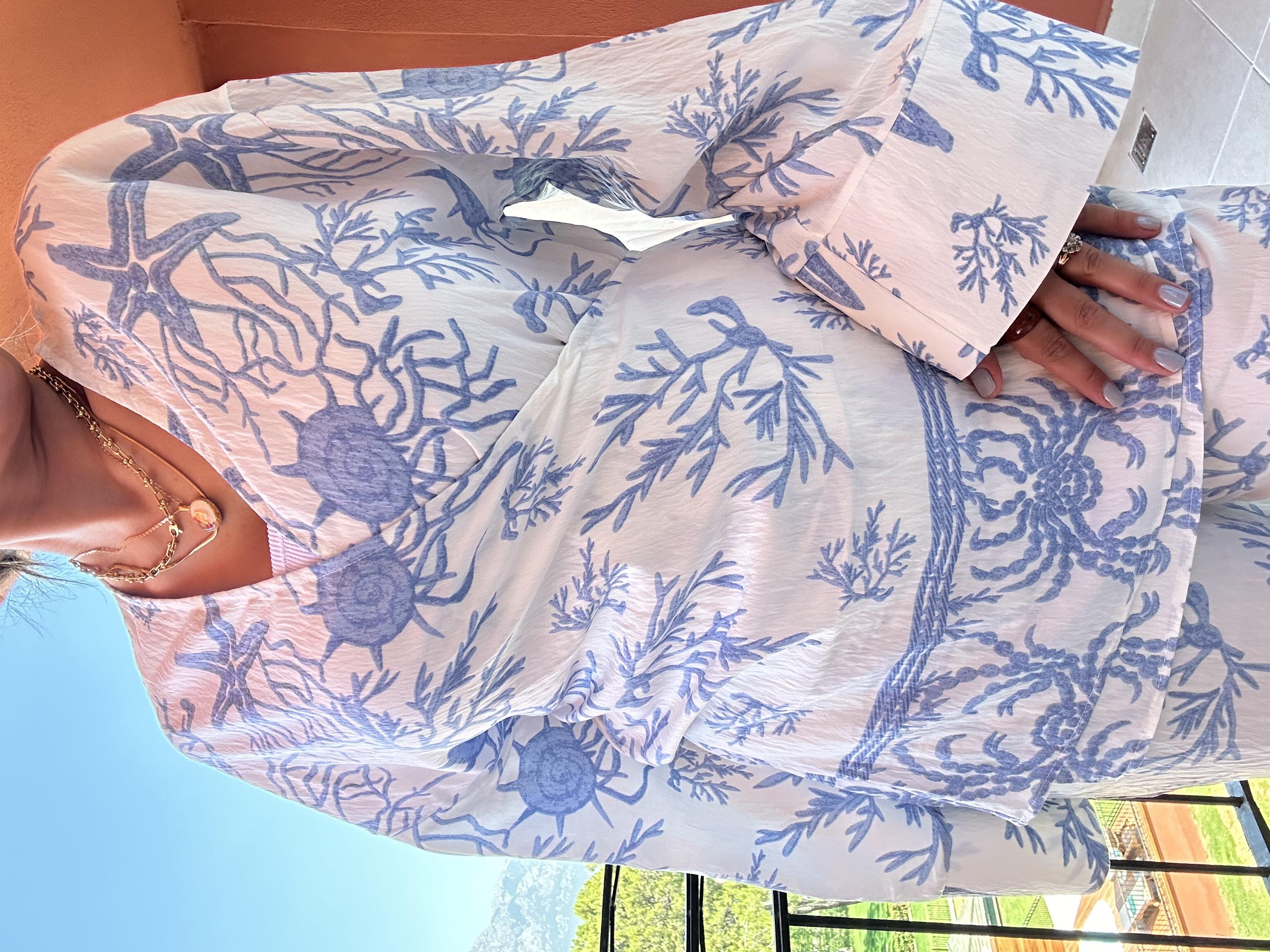 Mavi Mercan Desenli Kimono Pantolon Takım