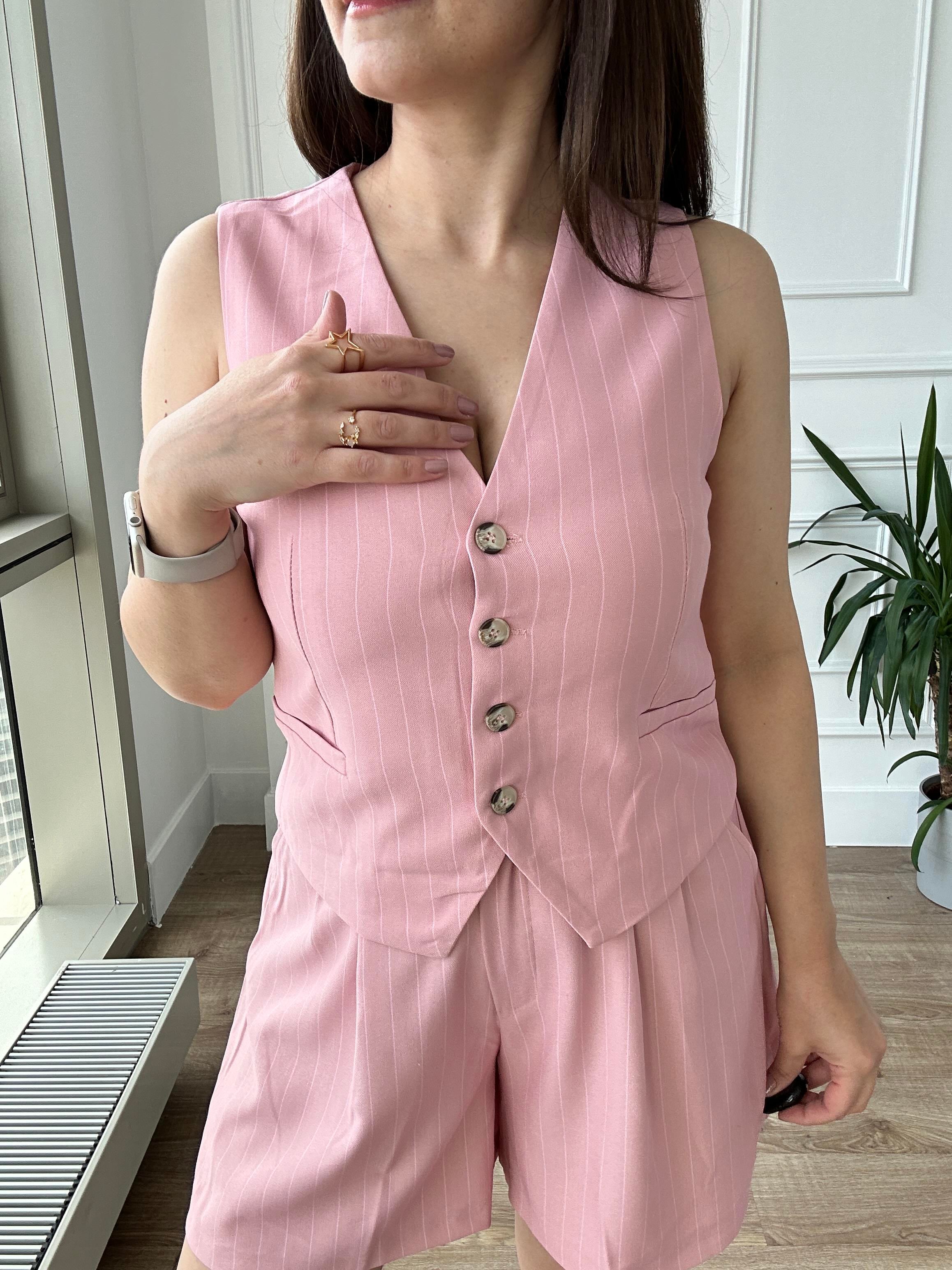 Pembe Çizgili Yelek Şort Takım