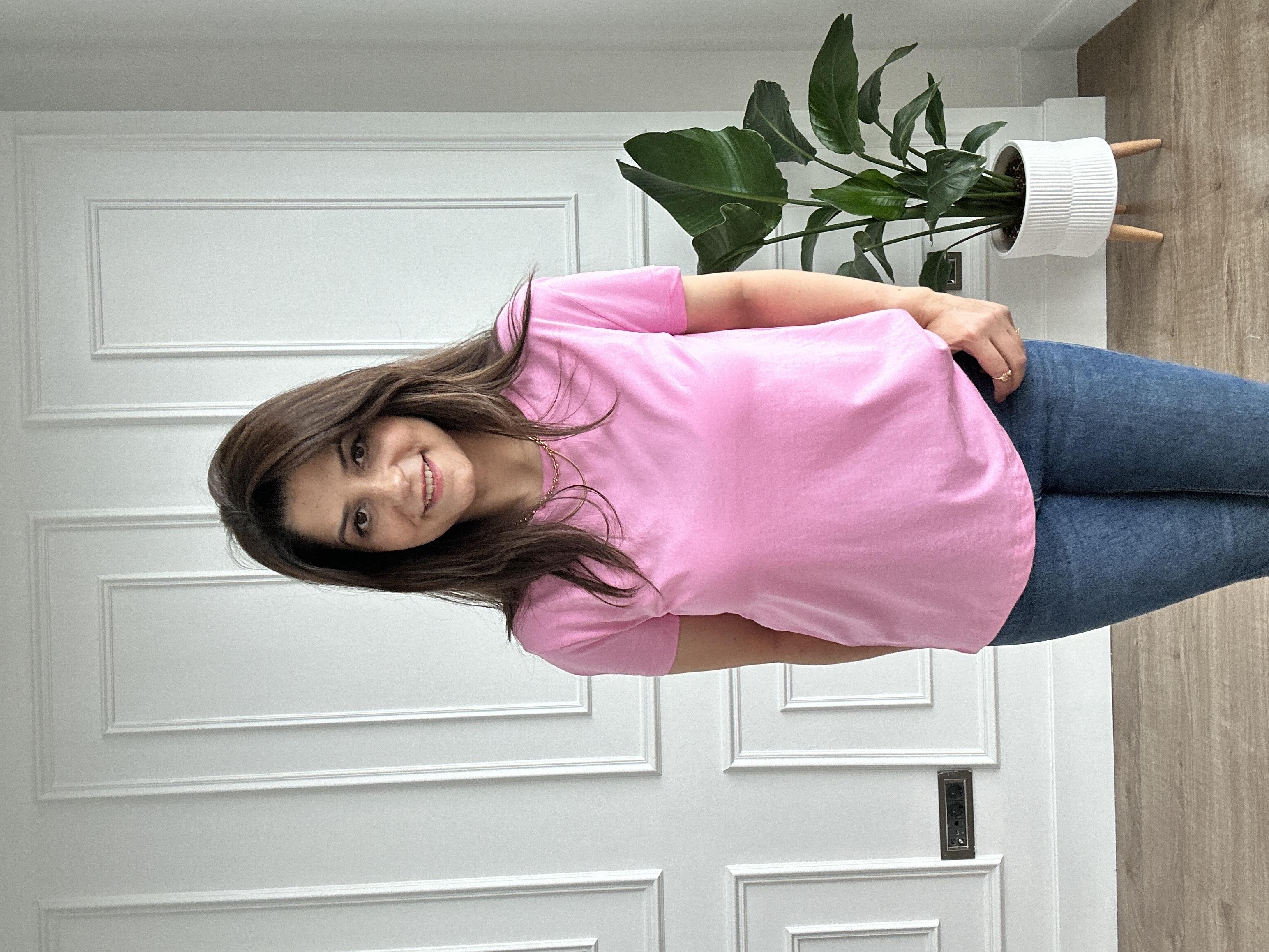 Pembe Likralı Bisiklet Yaka Basic Örme Tişört