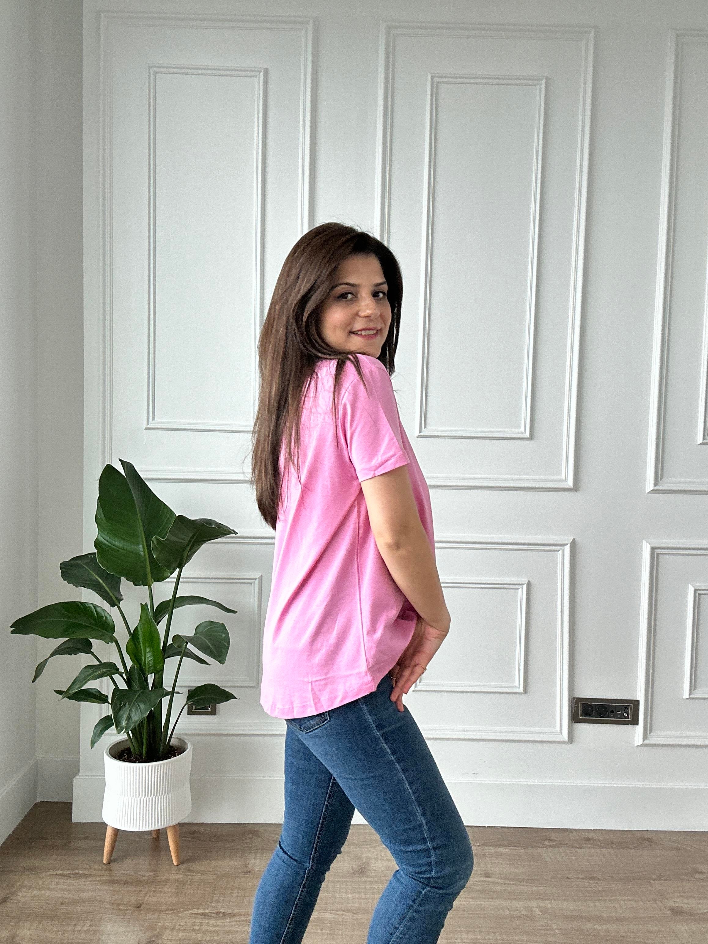 Pembe Likralı Bisiklet Yaka Basic Örme Tişört