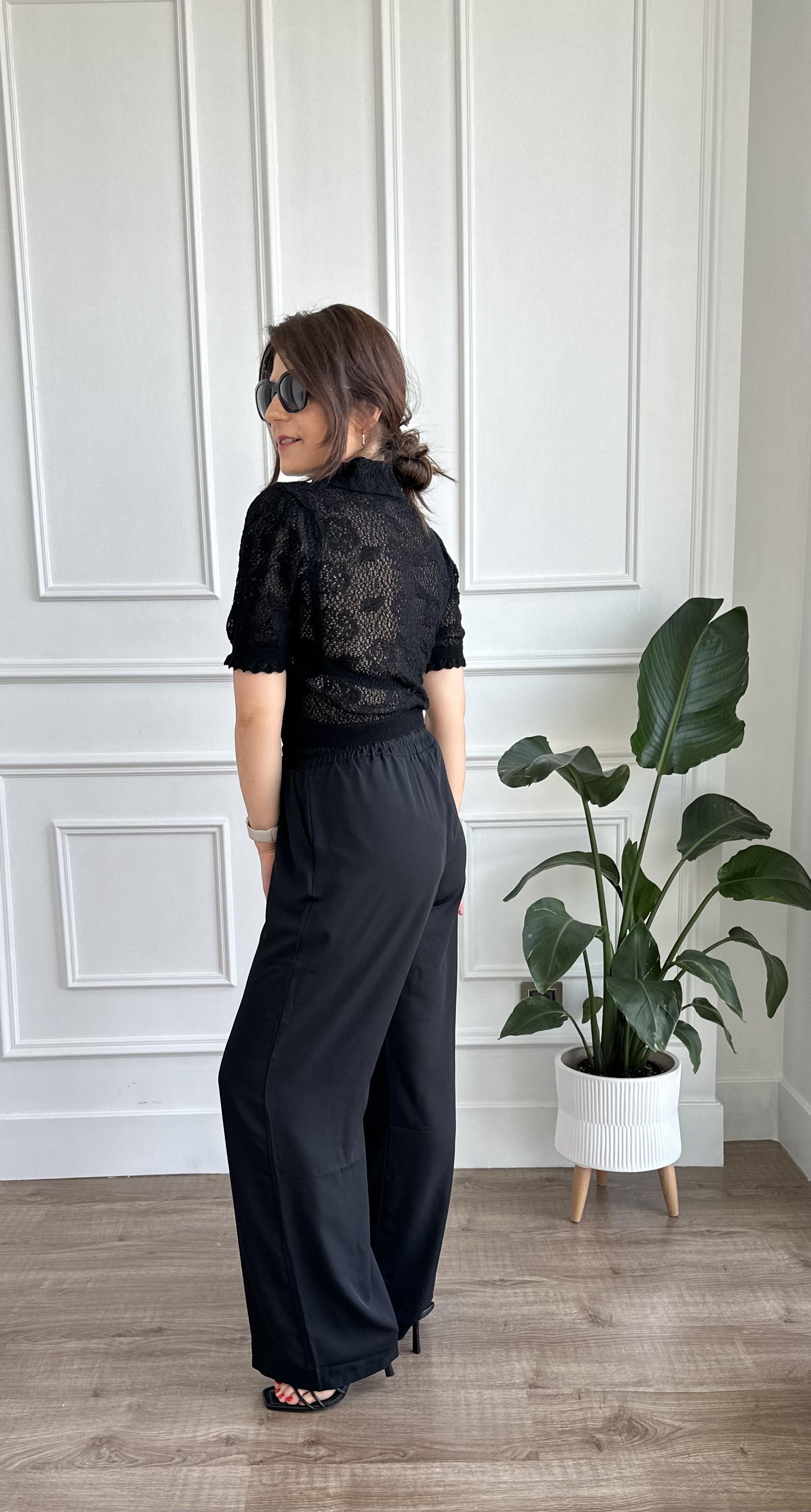 Siyah Beli Lastikli Wide Leg Kumaş Pantolon