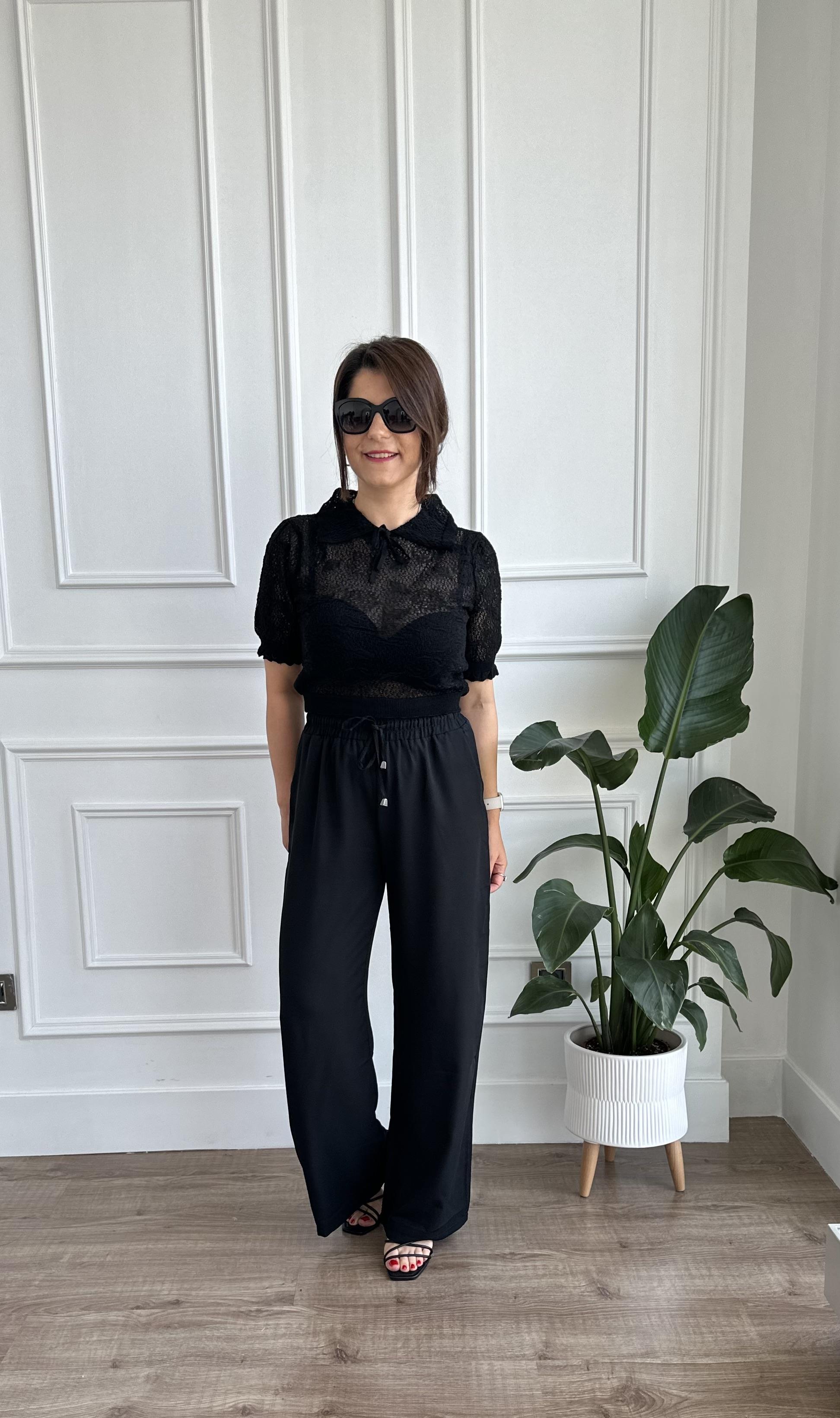 Siyah Beli Lastikli Wide Leg Kumaş Pantolon