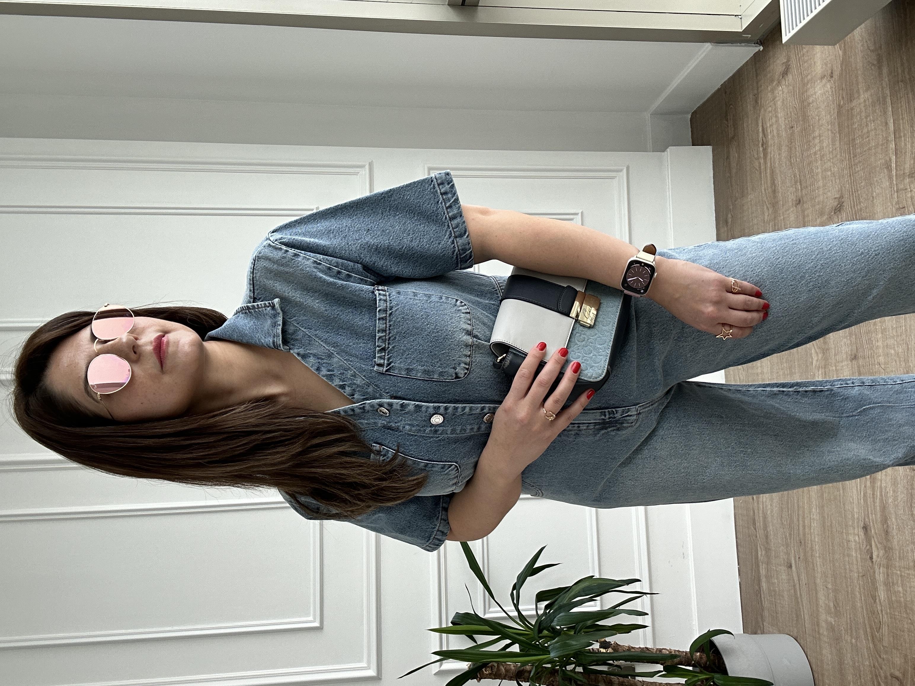 V Yaka Mavi Denim Tulum