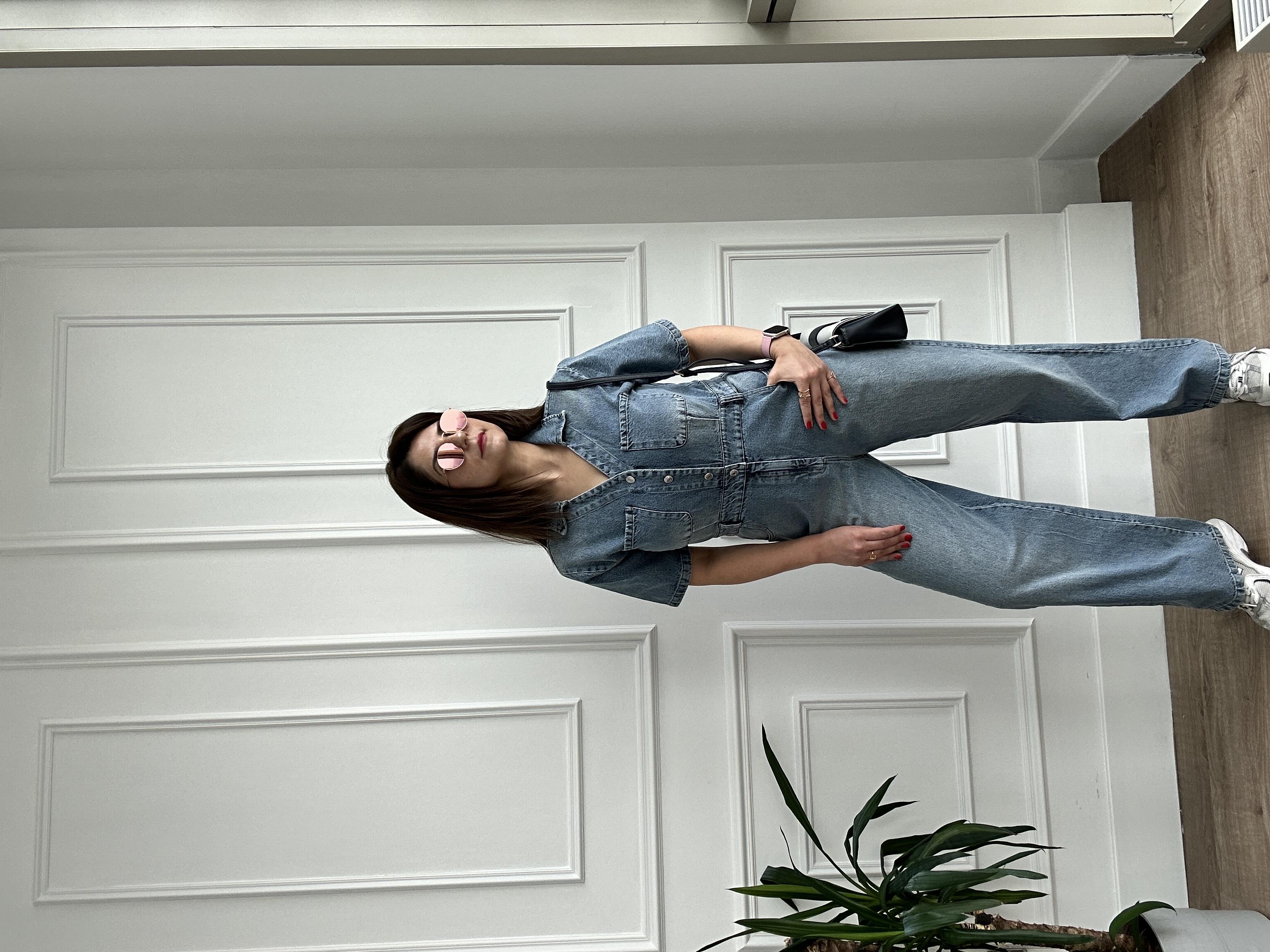 V Yaka Mavi Denim Tulum