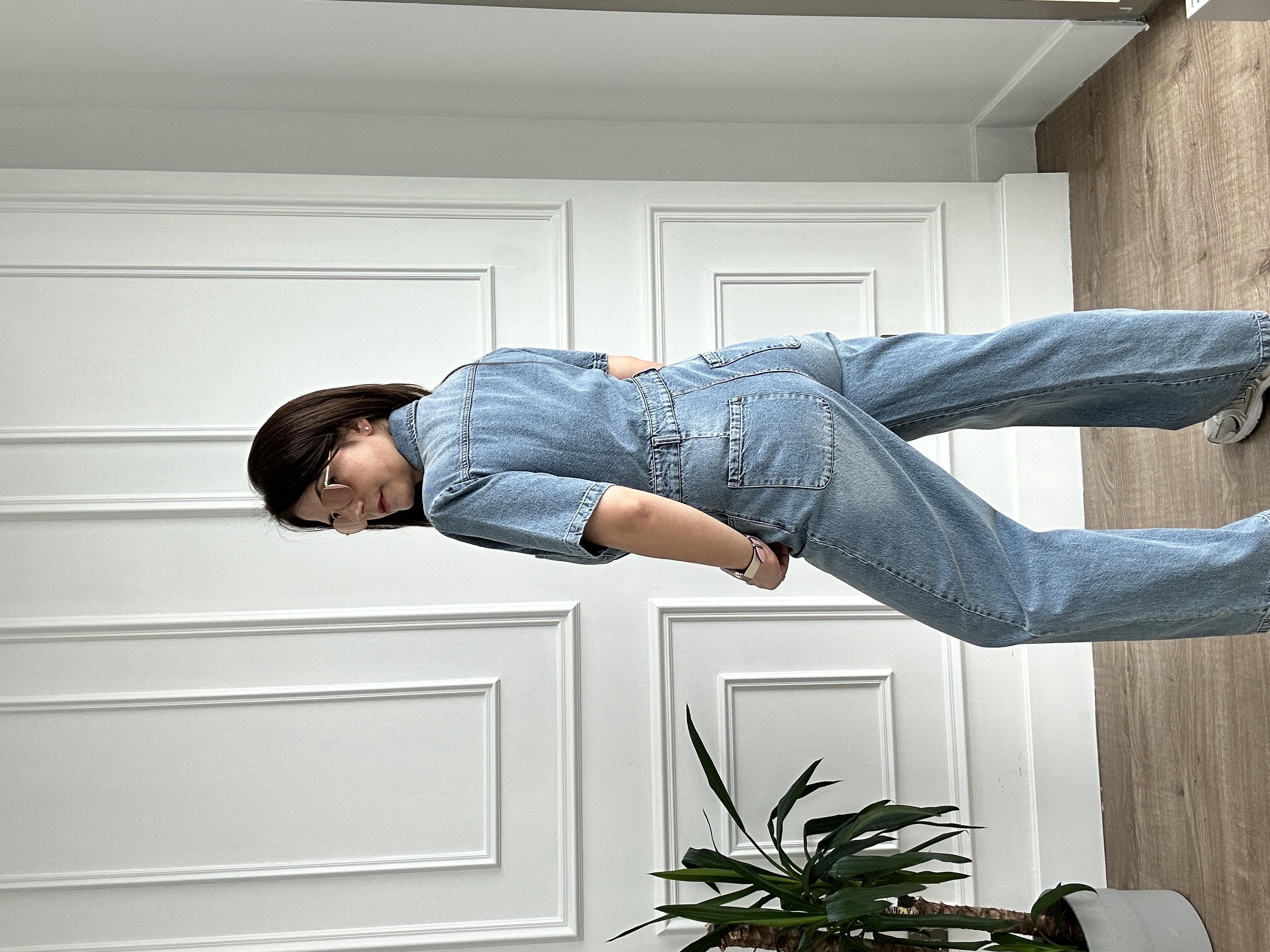 V Yaka Mavi Denim Tulum