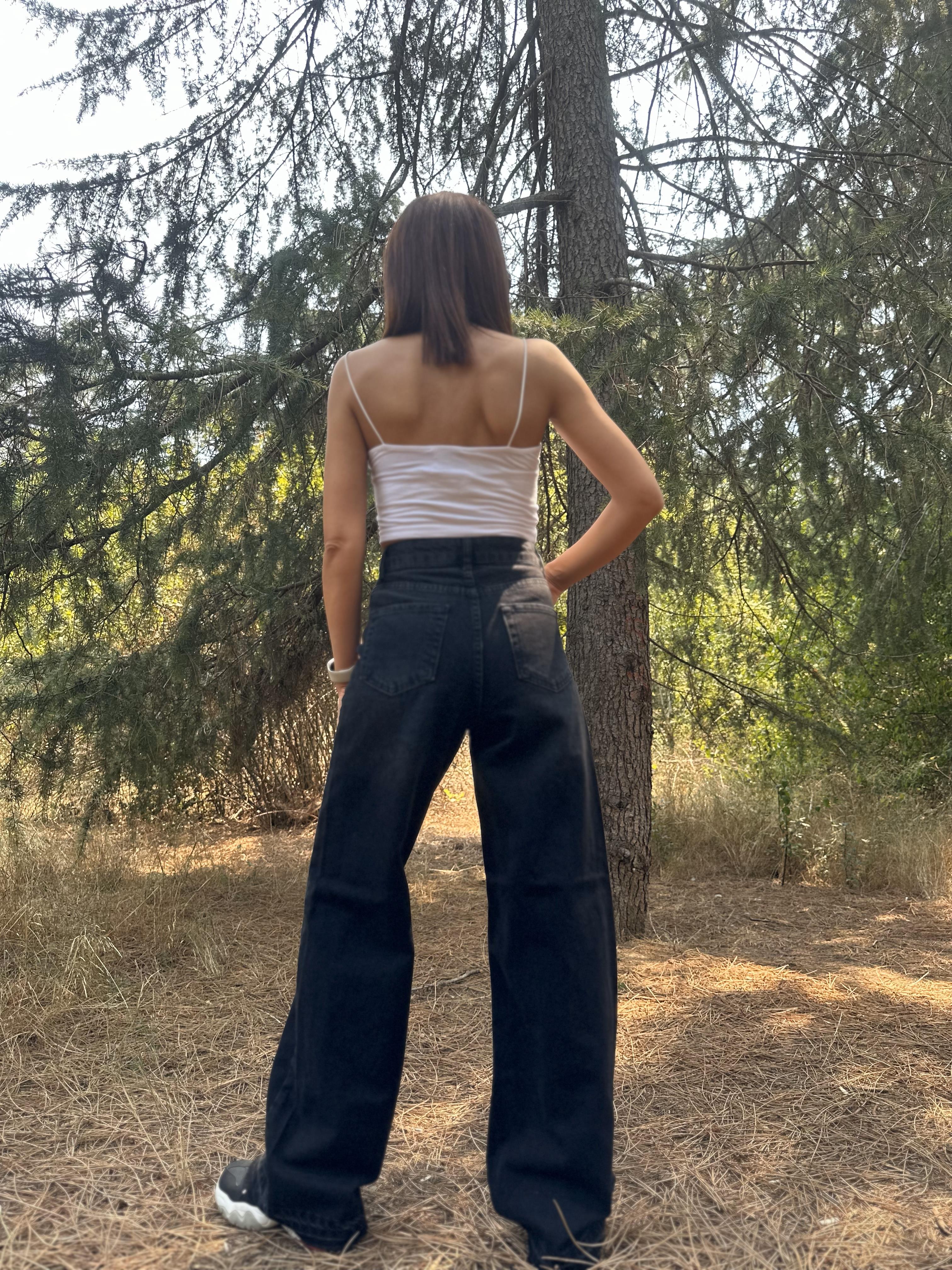 Wide Leg Yüksek Bel Füme  Taşlanmış Denim  Pantolon