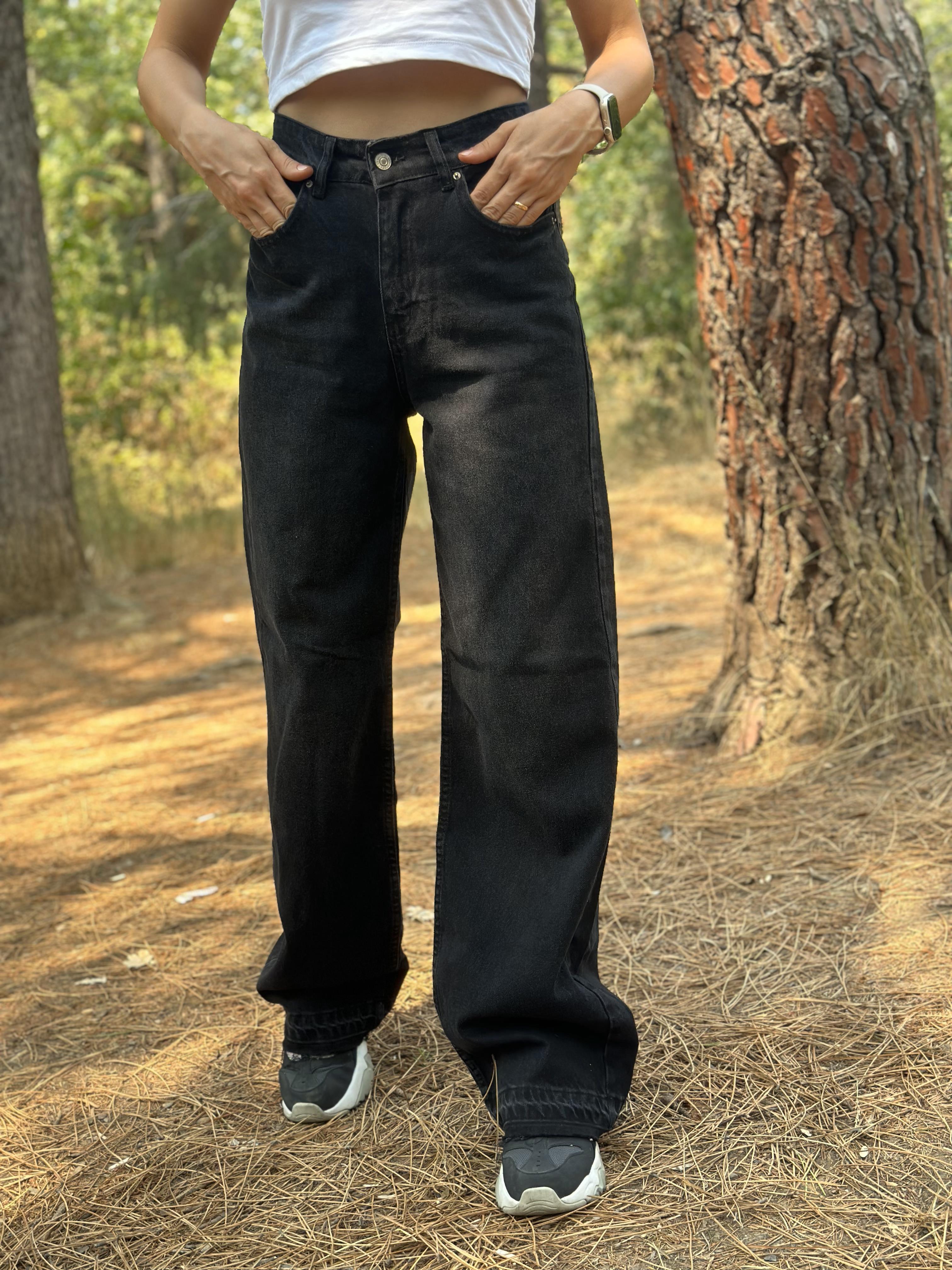 Wide Leg Yüksek Bel Füme  Taşlanmış Denim  Pantolon