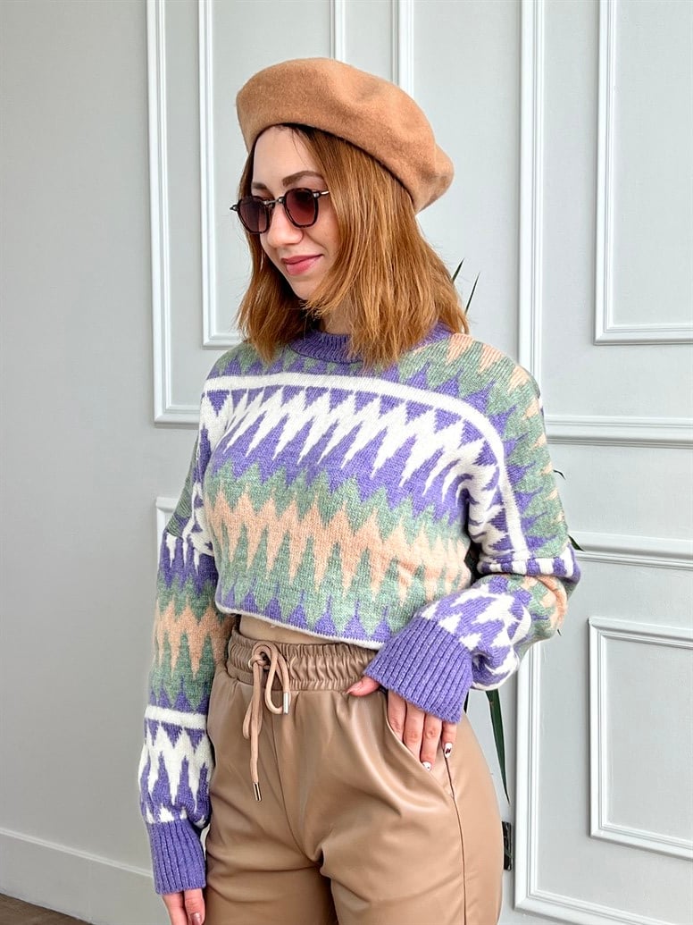 Zigzag Desenli Bisiklet Yaka Kazak
