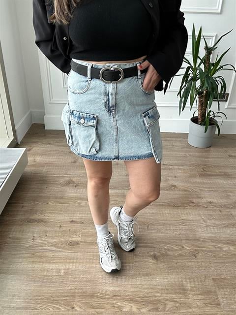 Açık Yıkama Kargo Cep Denim Etek