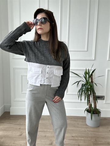 Antrasit Melanj Gömlek Parçalı Kazak