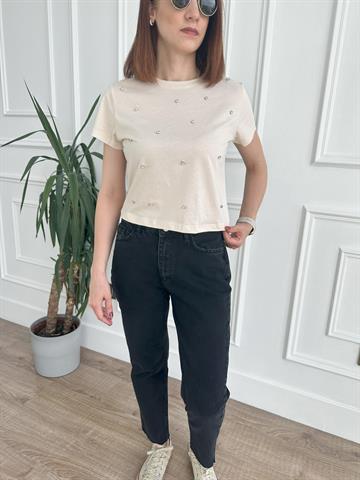 Bej Taşlı Tişört