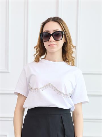 Beyaz Taş Detaylı Tişört