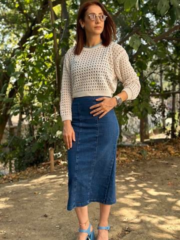 Ekru Ajurlu Triko Top